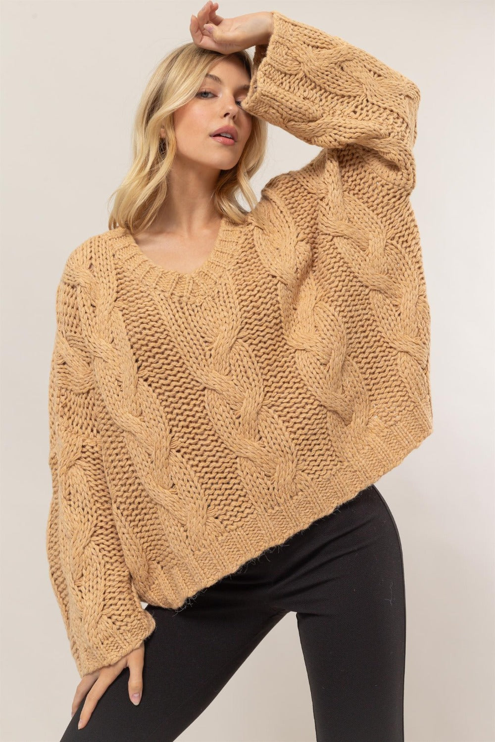 Hazel Blues® | HYFVE Cable Knit V-Neck Sweater