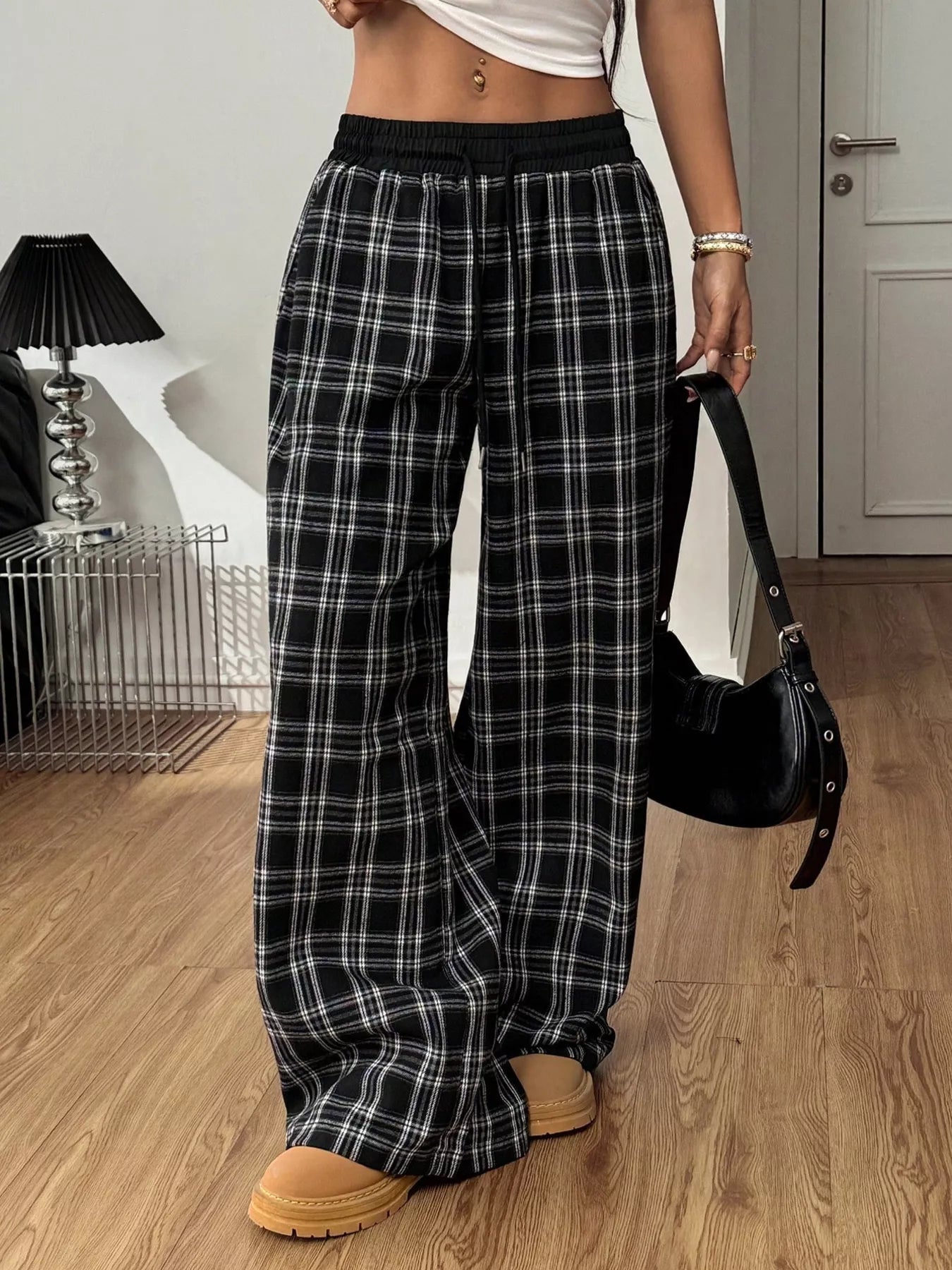 Plaid Wide-Leg Pants with Elastic Waistband – Hazel Blues®