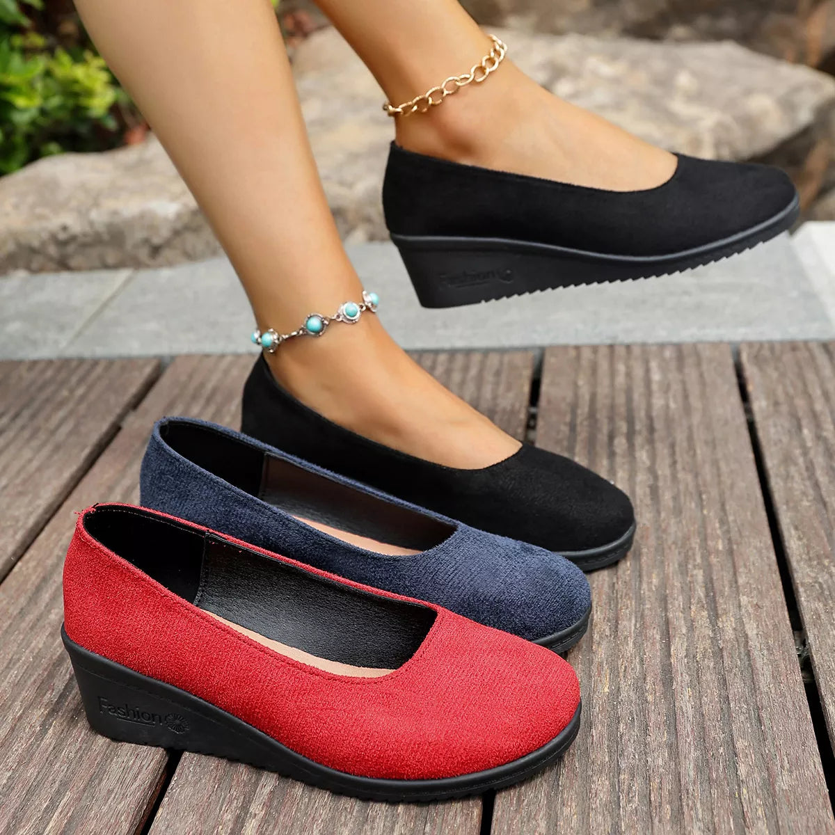 Wedge Heel Slip-On Loafers Black / 43
