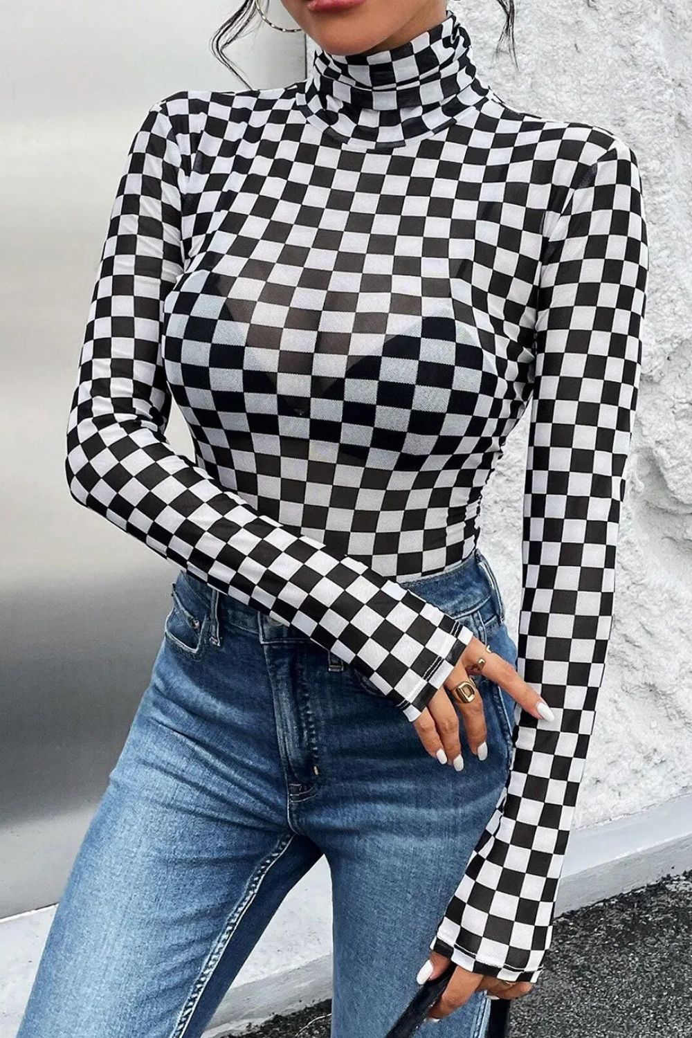Hazel Blues® | Checkered Turtleneck Long Sleeve Bodysuit