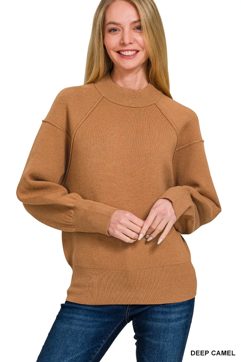 Hazel Blues® | Zenana Viscose Mock Neck Exposed Seam Sweater