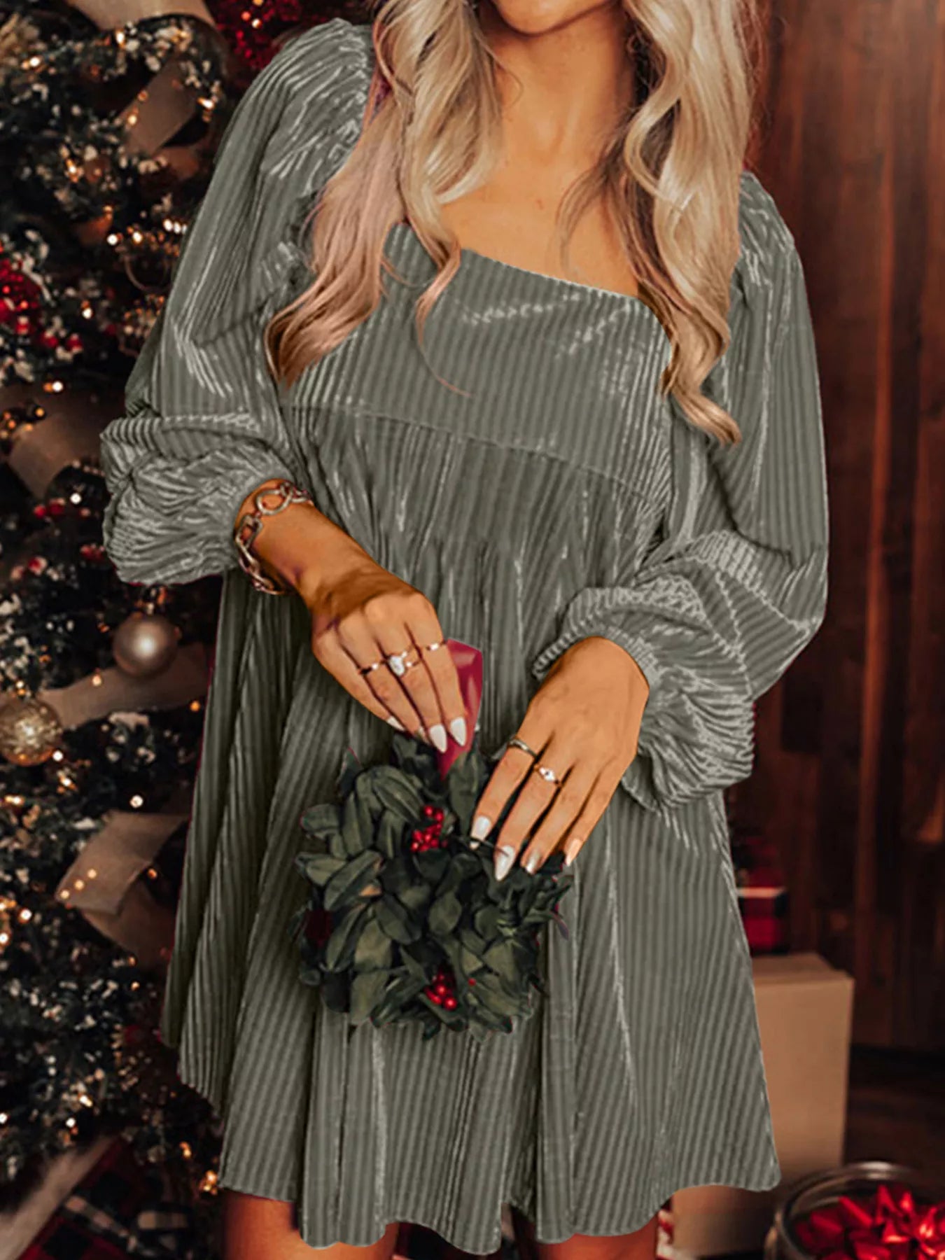 Hazel Blues | Tie Back Square Neck Velvet Babydoll Dress Gray / L Hazel Blues | Tie Back Square Neck Velvet Babydoll Dress Gray / L