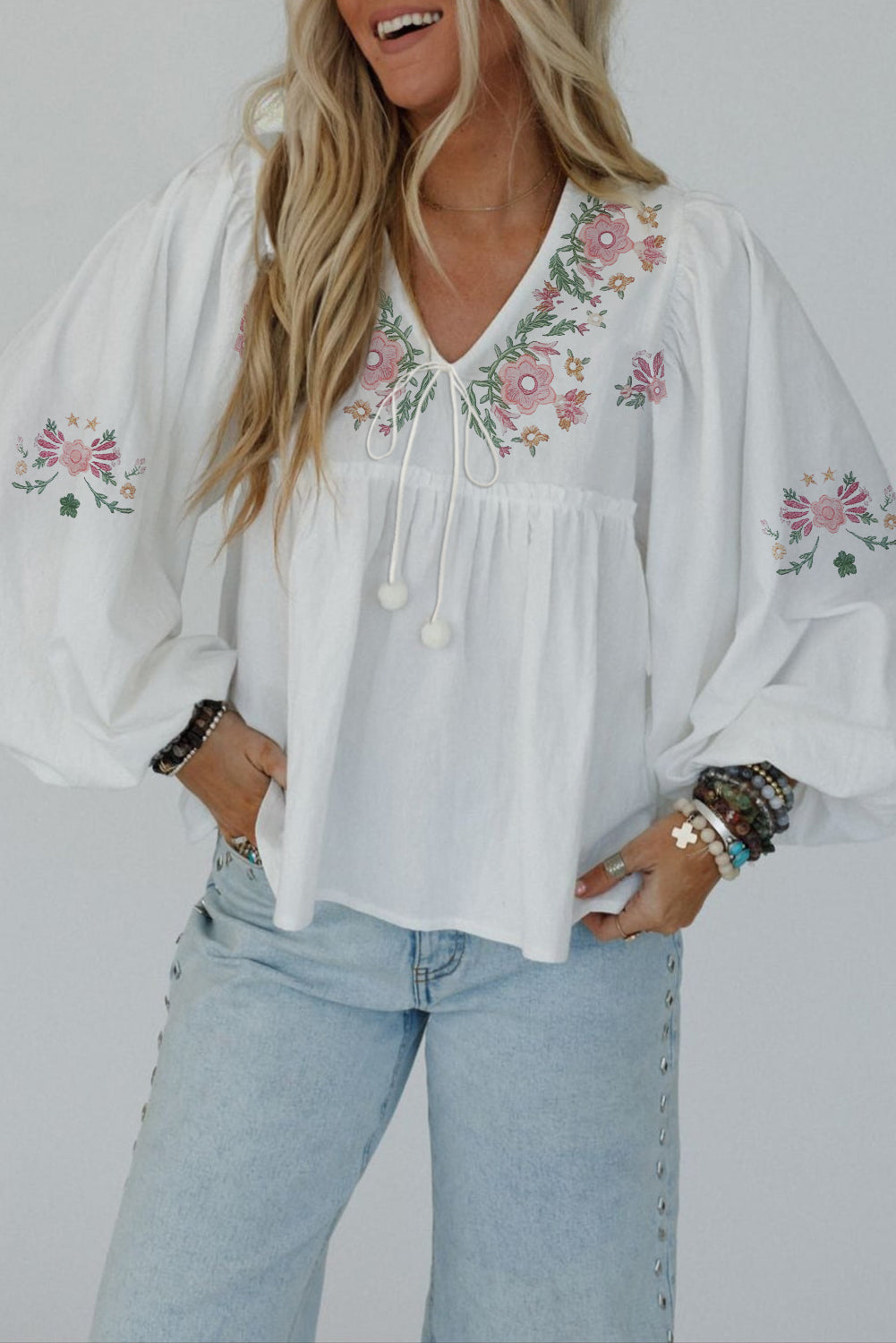 Hazel Blues® | White Flower Lace-up V Neck Babydoll Blouse