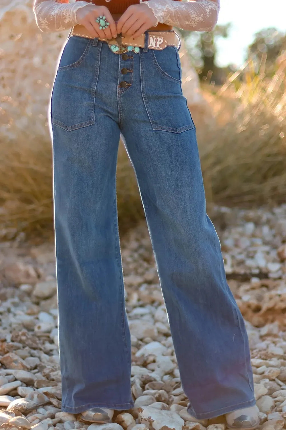 Hazel Blues® | High-Waisted Wide-Leg Button-Front Jeans