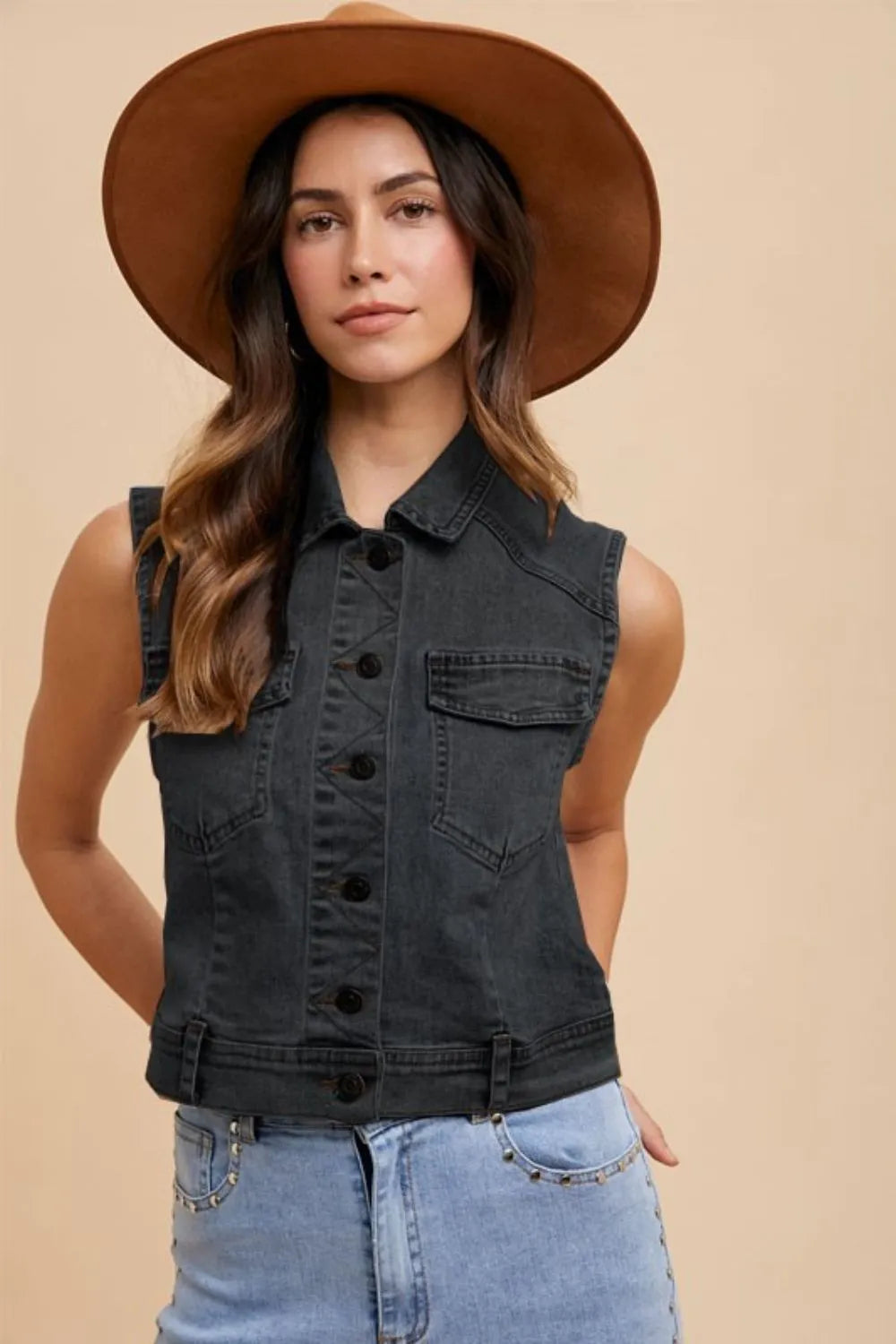 Hazel Blues® | Annie Wear Collared Neck Button Down Denim Vest