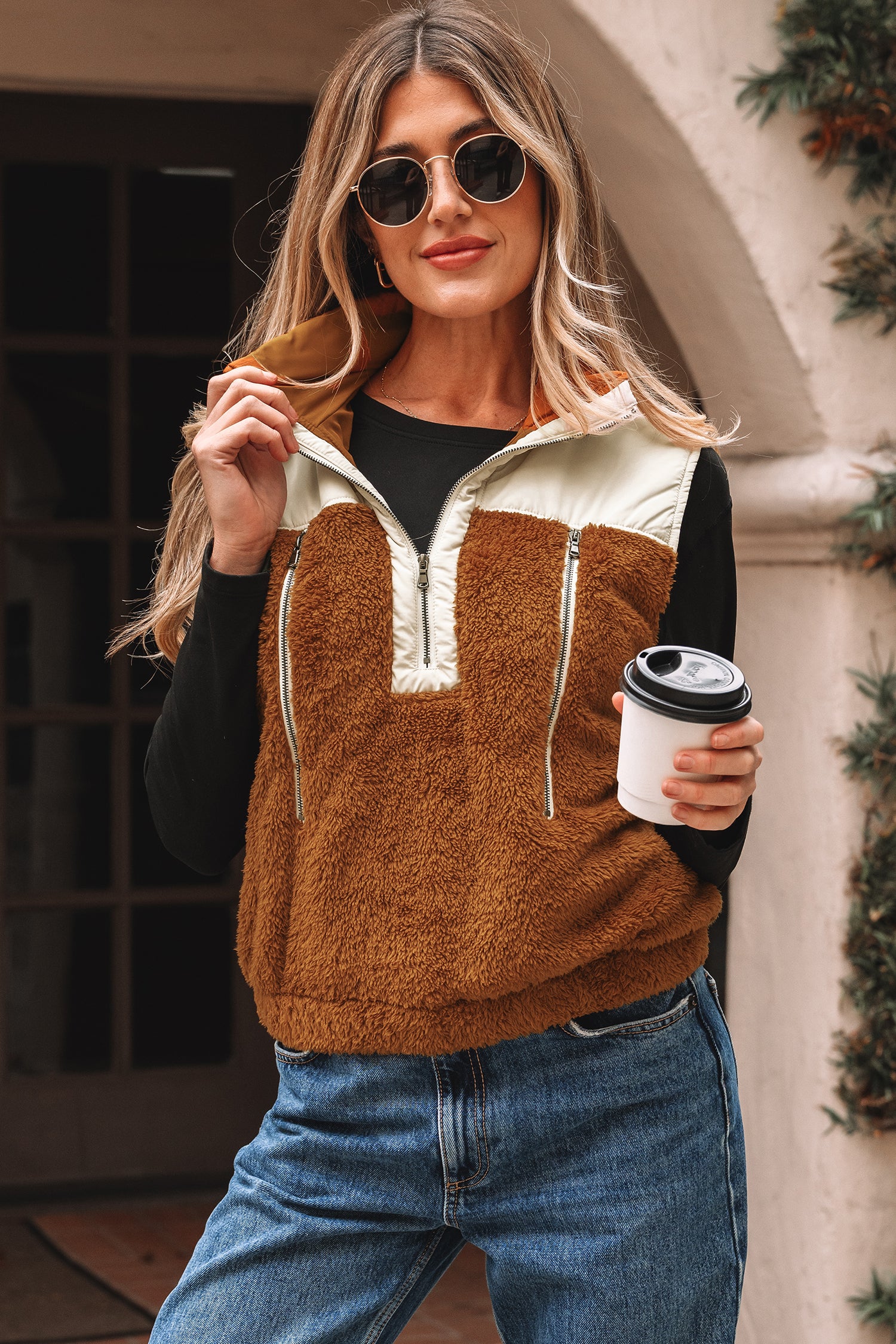 トップス COMFY EVERYTHING RIGHT PLACE VEST Chestnut Color-Block Plush Patchwork Zipper Stand Neck Vest