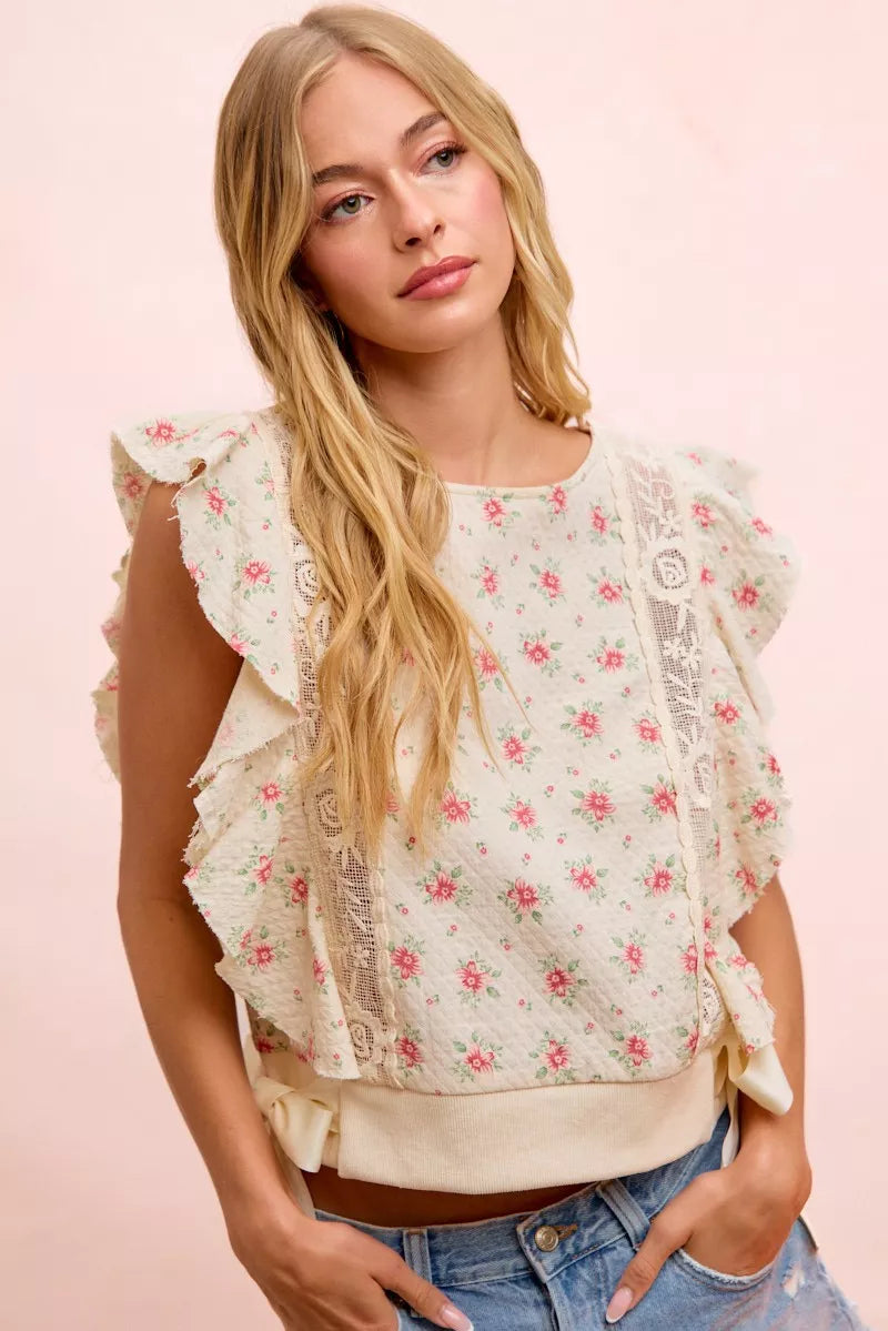 BiBi Flower Printed Ruffle Sleeve Trim Detail Top – Hazel Blues®