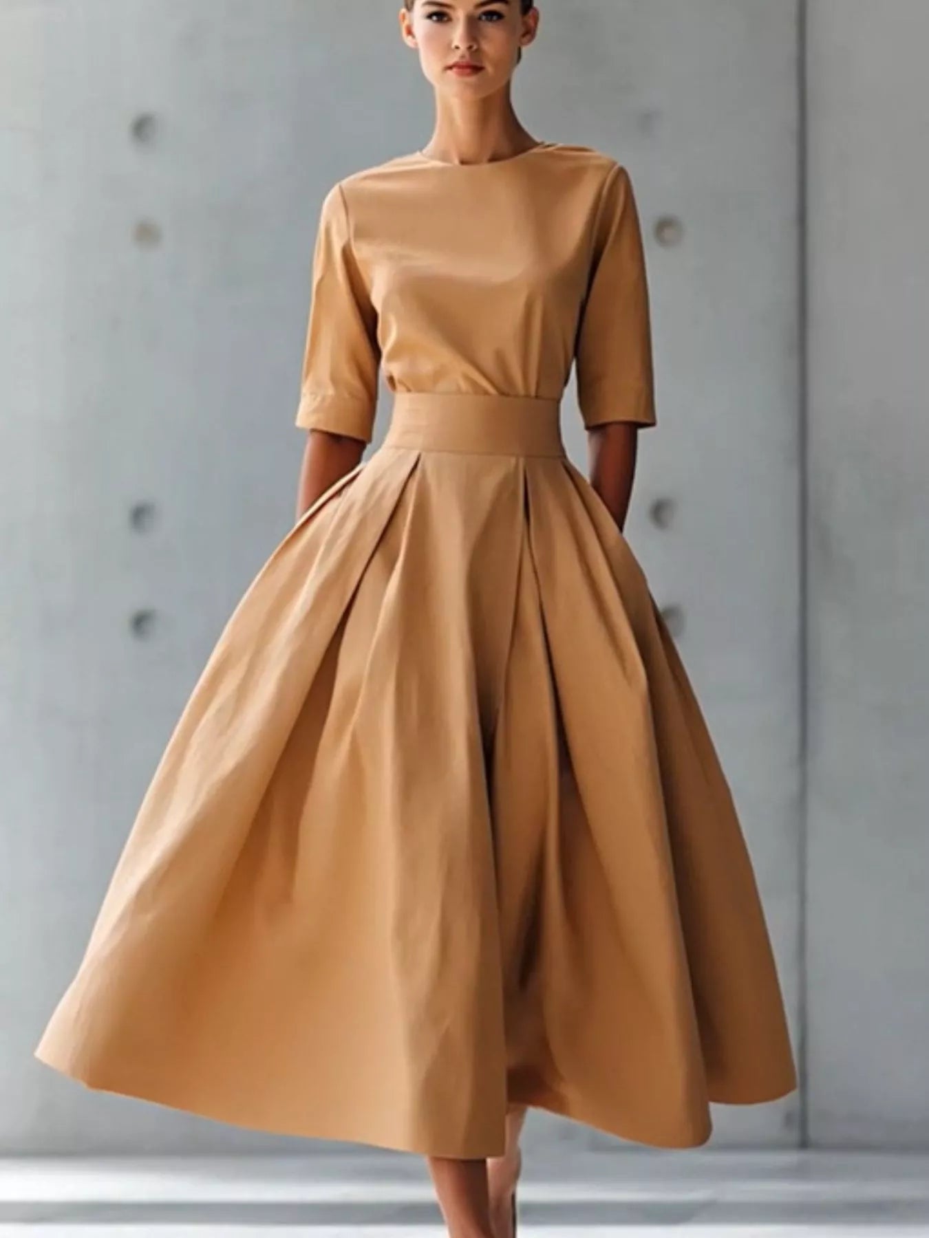 Round Neck A-Line Midi Dress - Camel / L Round Neck A-Line Midi Dress - Camel / L