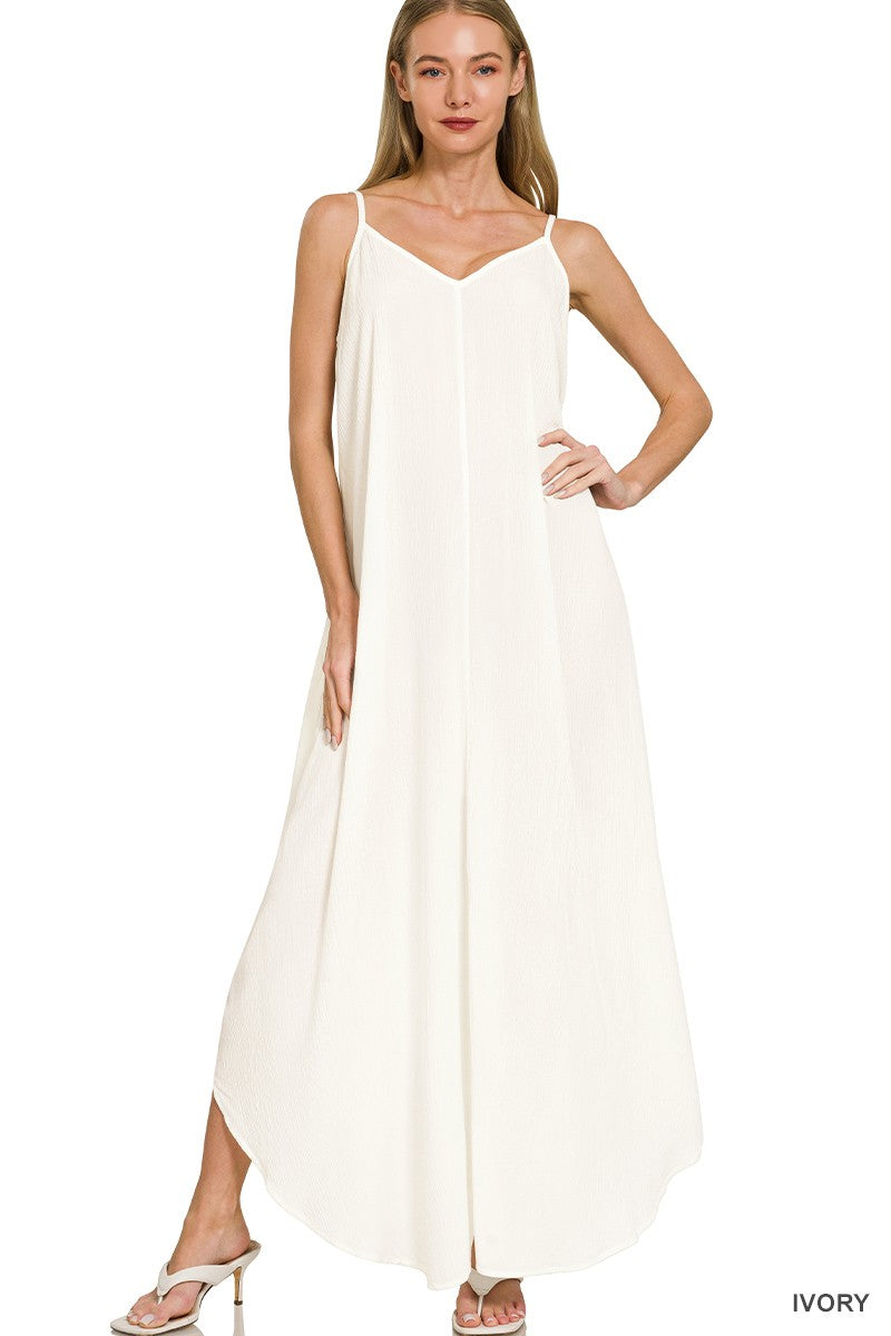 Zenana Woven Crinkle Cami Maxi Dress with Side Pockets IVORY / S