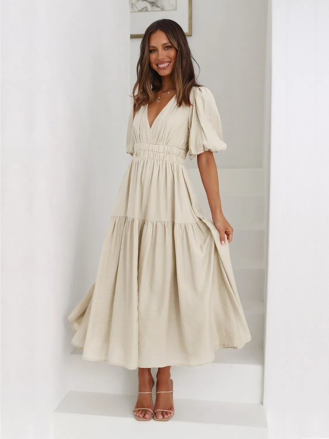 tiered midi dress with sleeves Womens Seraphine Ecru Floral Premium US 4 51 5/8 90% Rayon Ranchero Floral Sunfire Smocked Bodice