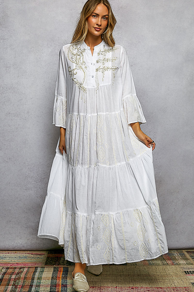 POL Embroidered Floral Tiered Maxi Dress IVORY / M