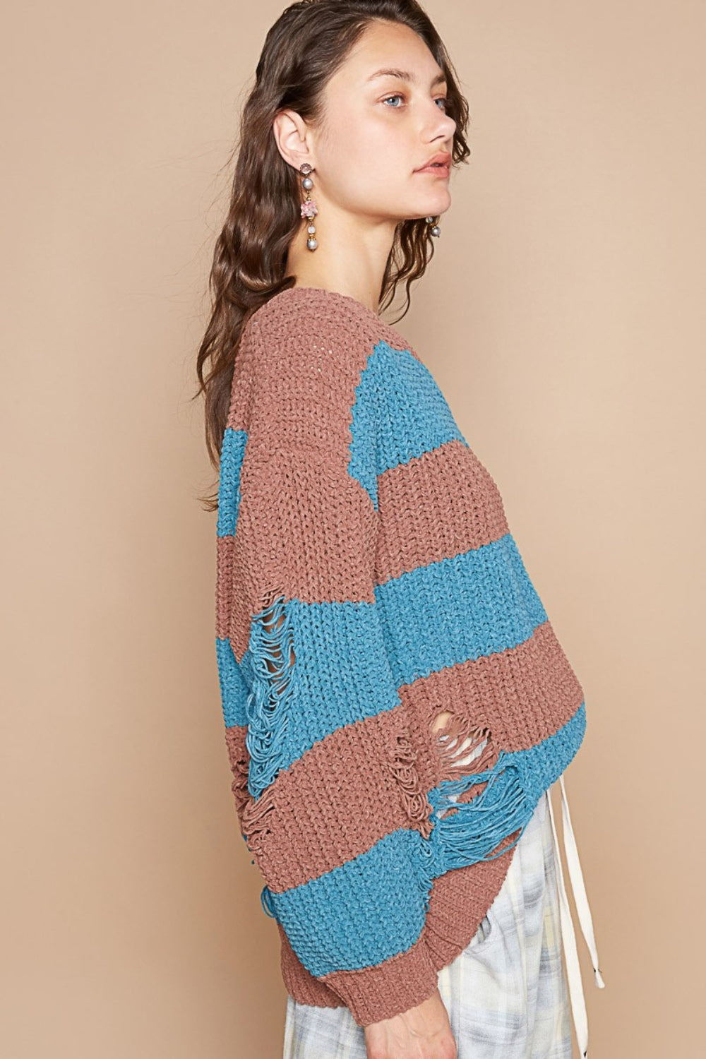 Hazel Blues POL Striped Distressed Long Sleeve Sweater