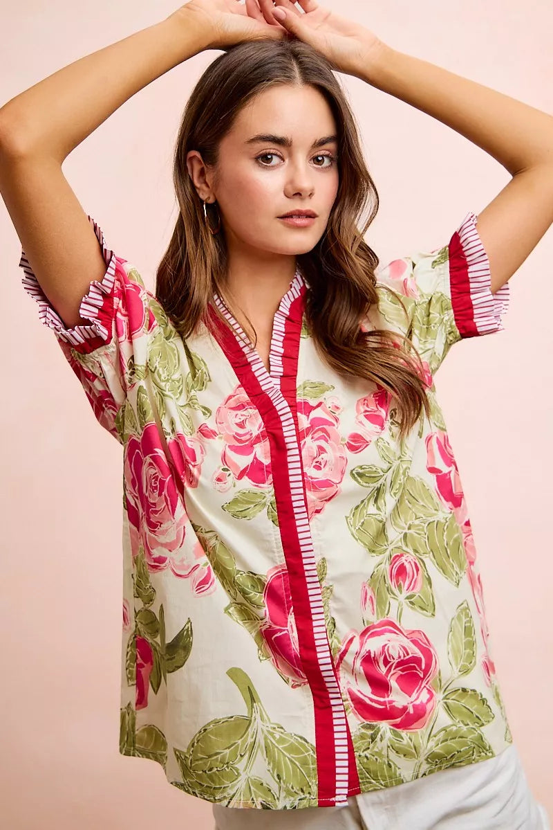 BiBi Floral Printed Woven Contrast Edge Ruffled Blouse – Hazel Blues®