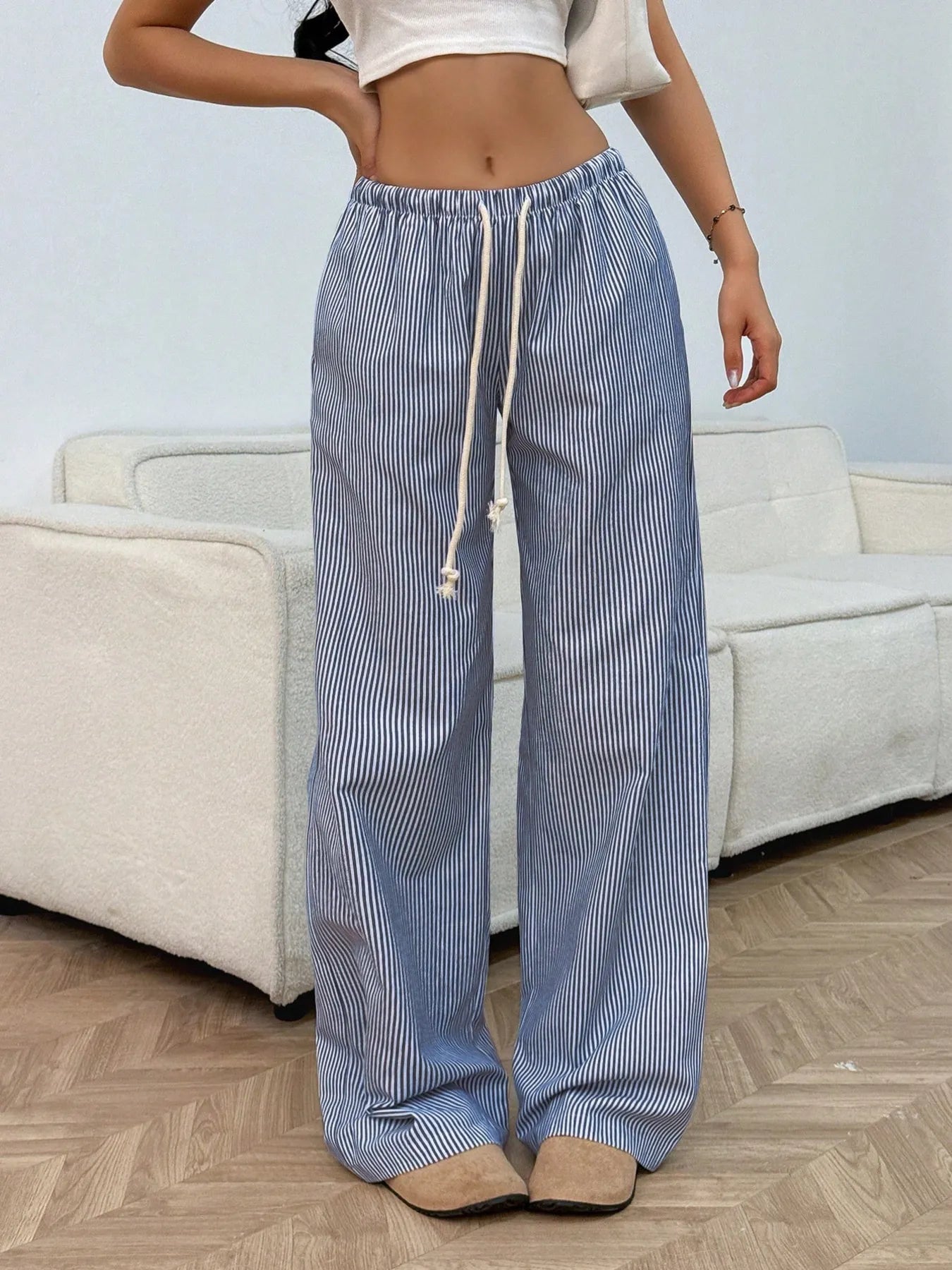 Hazel Blues® | Drawstring Striped Wide Leg Pants
