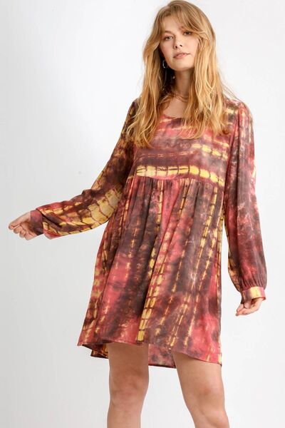 Hazel Blues | Umgee Tie Dye Long Sleeve Babydoll Dress with Keyhole CORAL/MOCHA / XL Hazel Blues | Umgee Tie Dye Long Sleeve Babydoll Dress with Keyhole CORAL/MOCHA / XL