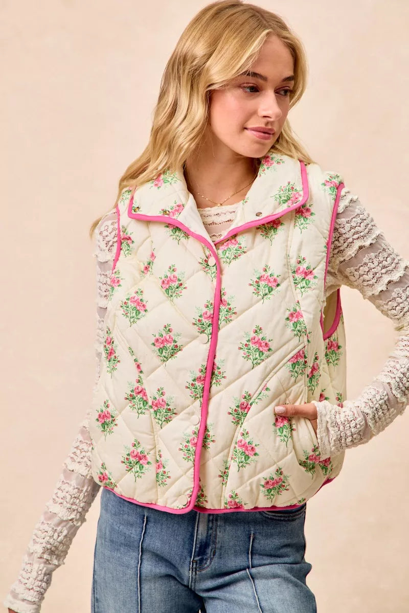 Bibi Floral Print Piping Detail Quilted Vest | Floral Vest – Hazel