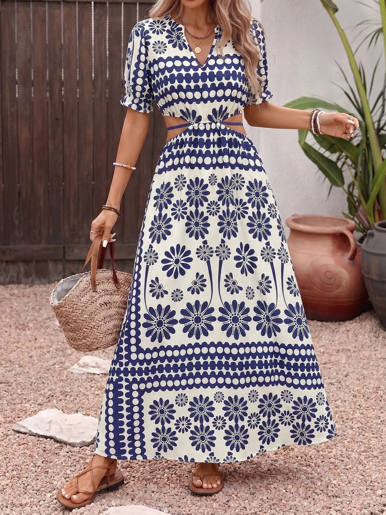 floral print cutout maxi dress Cutout Floral Print High Waist Casual Dress
