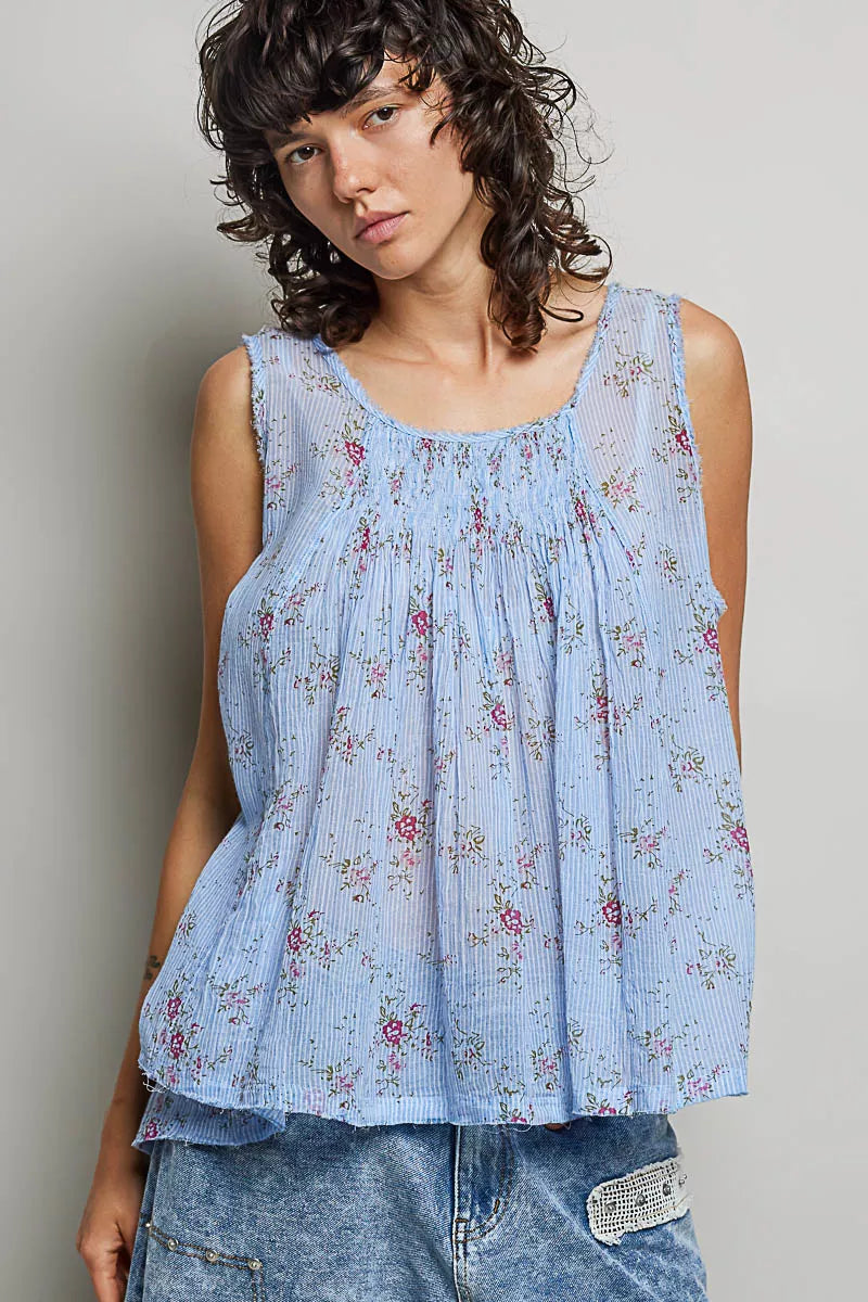 Hazel Blues® | POL Round Neck Sleeveless Floral Pleated Cotton Top