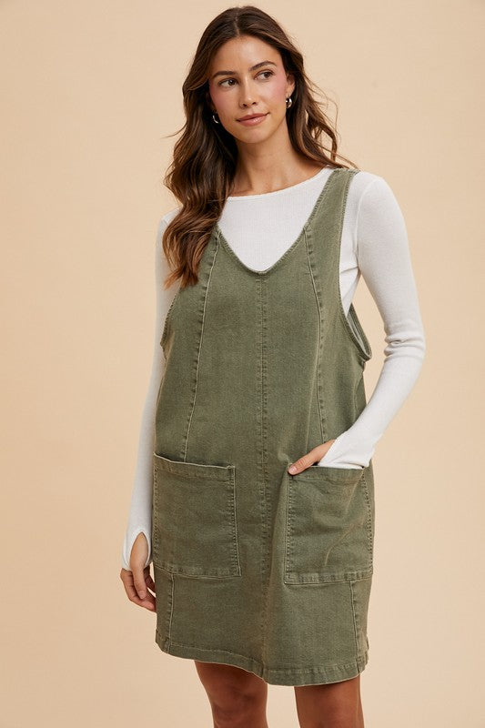 Montret Annie Wear V-Neck Adjustable Strap Denim Overall Dress with Pockets Army Green / L