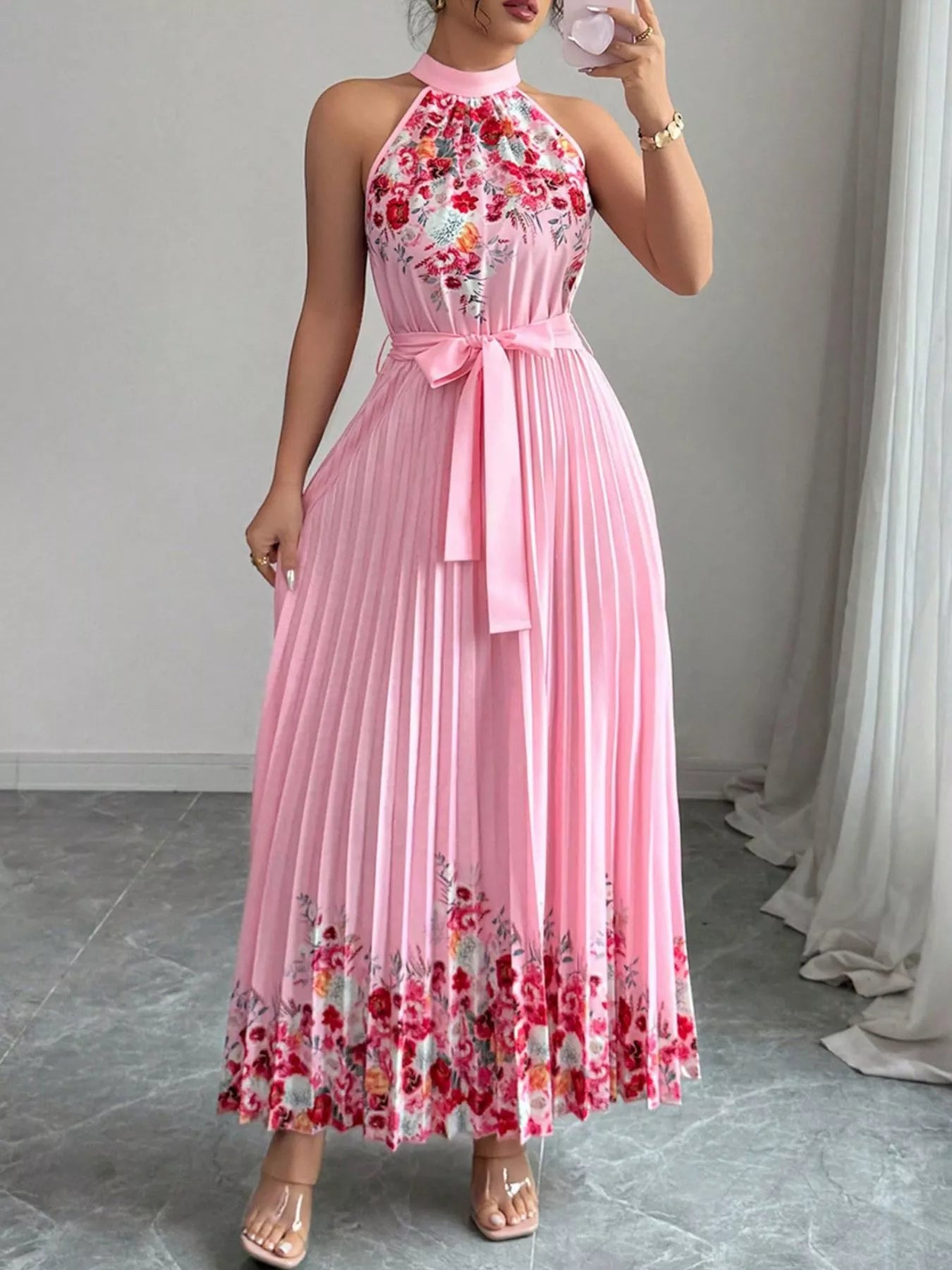 Halter Neck Floral Print Pleated Maxi Dress – Hazel Blues®