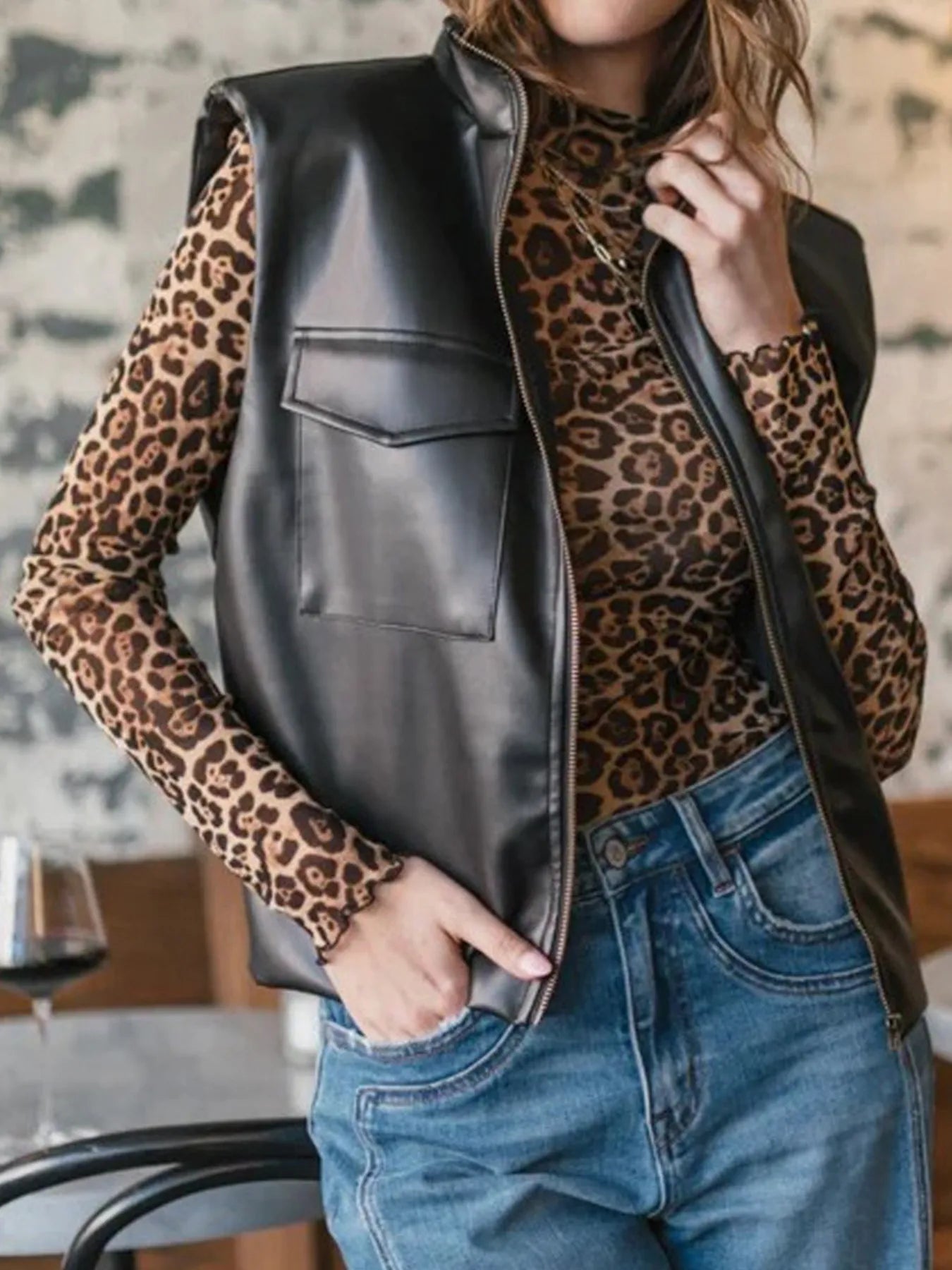 Synthetic Leather Sleeveless Coat サイズ2 Leather Sleeveless Vest Coat with Zipper Closure – Hazel Blues®