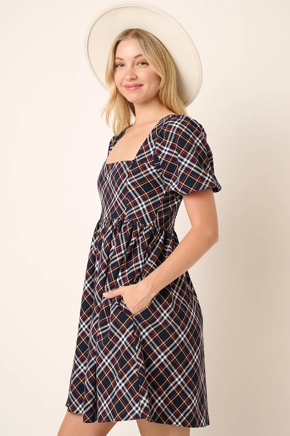Hazel Blues® | Mittoshop Checkered Print Puff Sleeve Babydoll Mini