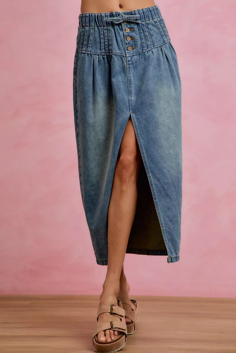 SO ME Pleated Washed Denim Skirt With Front Slit – Hazel Blues®