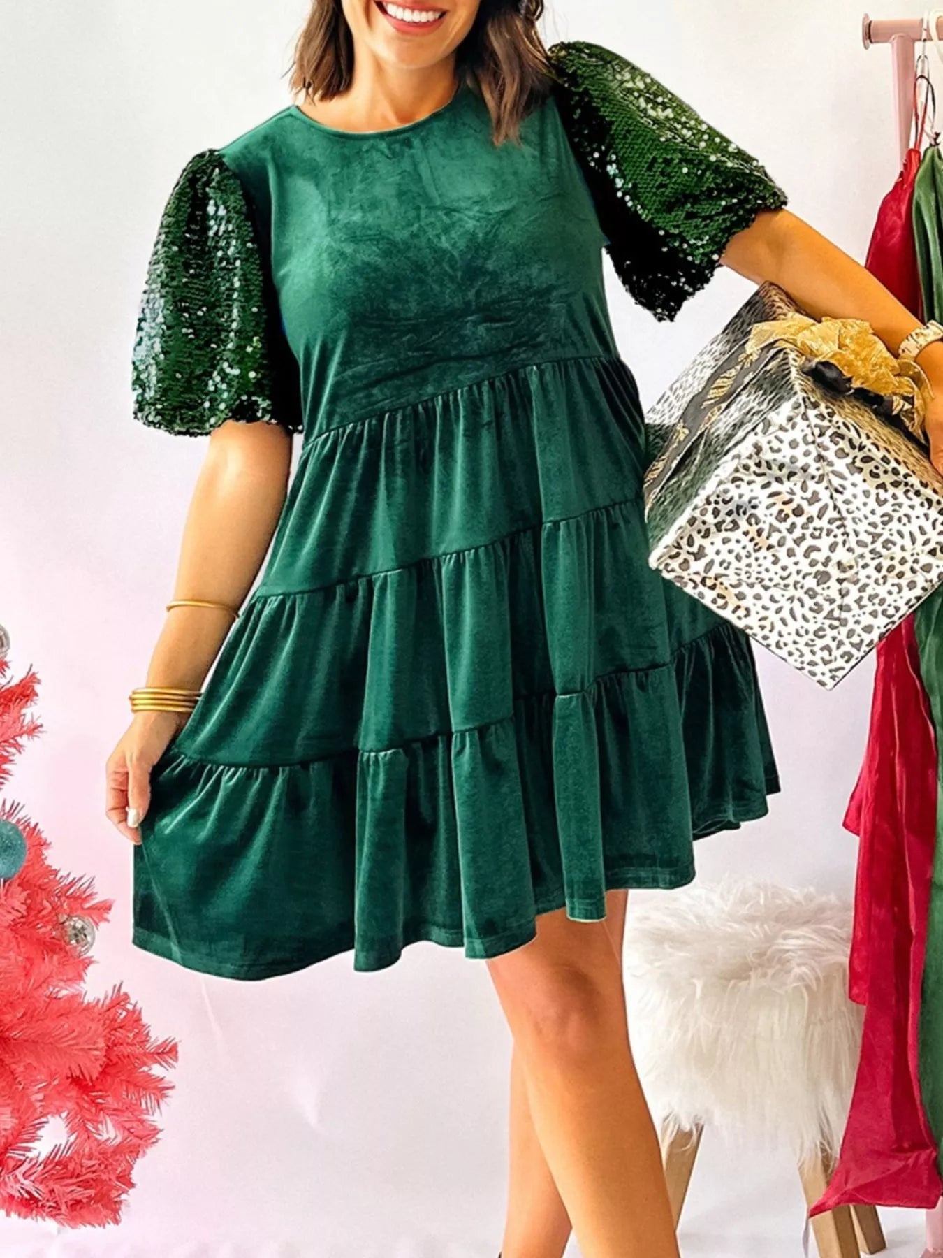 Sequin Puff Sleeve Crew Neck High Waist Tiered Velvet A Line Mini Dress - Sunny Angela Evergreen / L