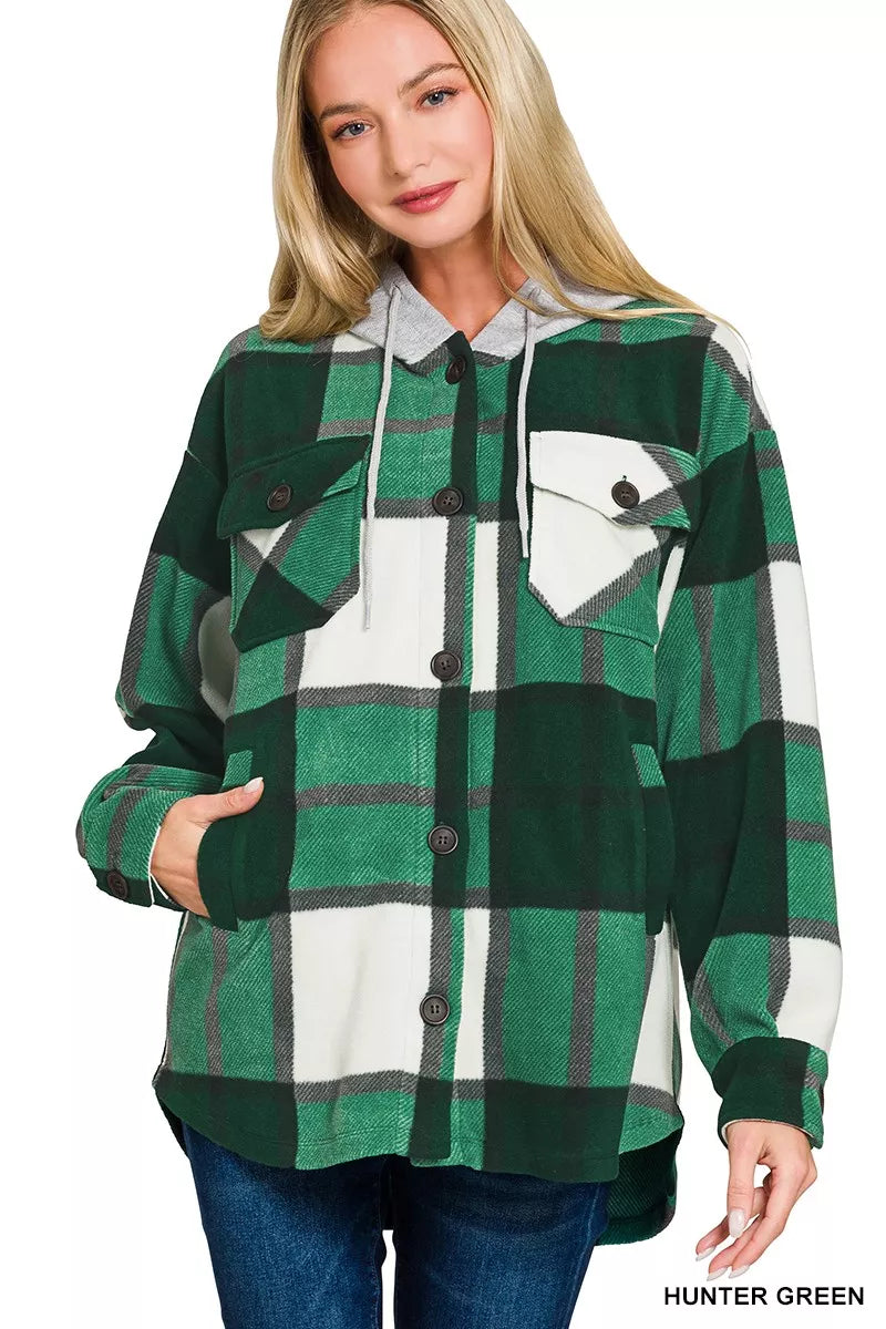 Hazel Blues® | Zenana Plaid Drawstring Hooded Fleece Shacket