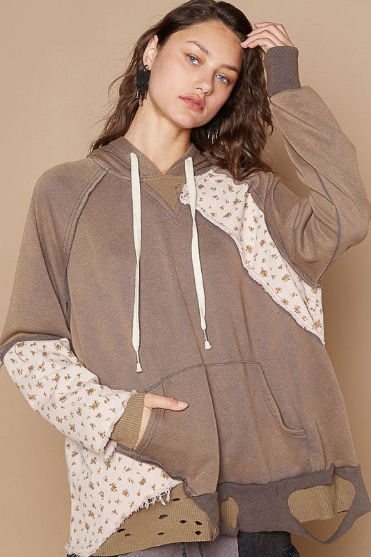 Hazel Blues® | POL Floral Patchwork Distressed Drawstring Hoodie