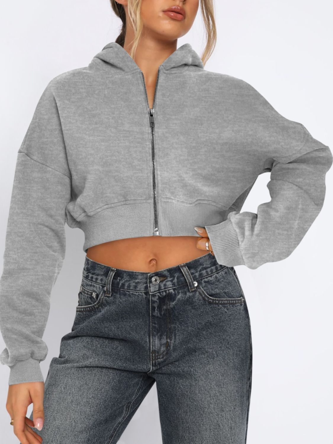Zip-Up Long Sleeve Hooded Cropped Jacket – Hazel Blues®