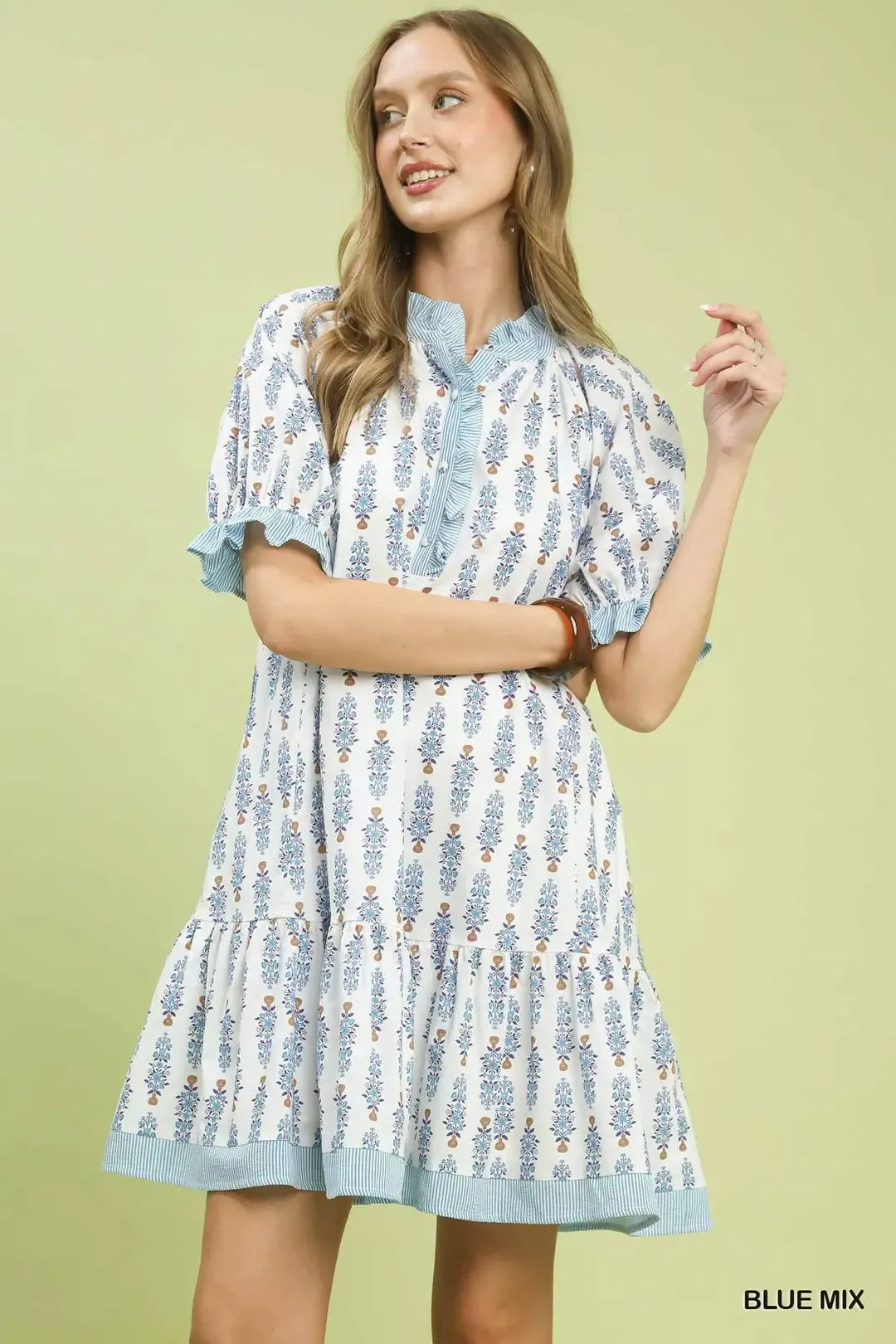 Hazel Blues | Umgee Striped Trim Floral Tiered Mini Dress Hazel Blues | Umgee Striped Trim Floral Tiered Mini Dress