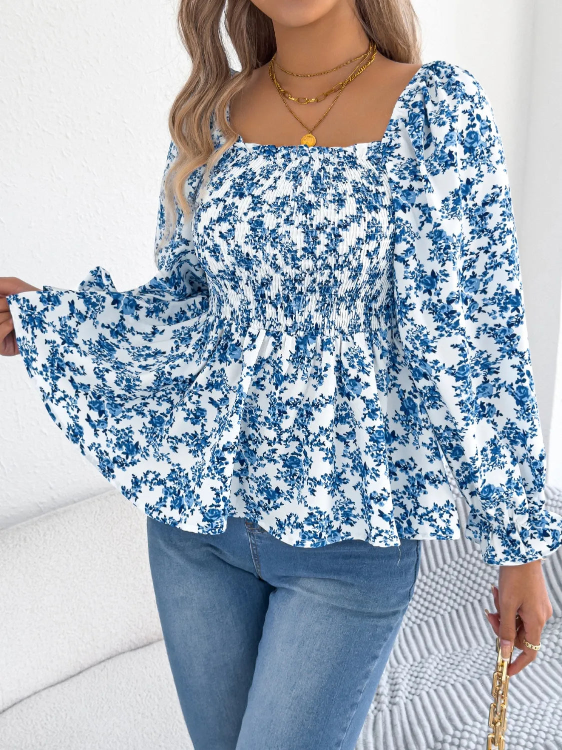 Floral Square Neck Flounce Sleeve Blouse – Hazel Blues®