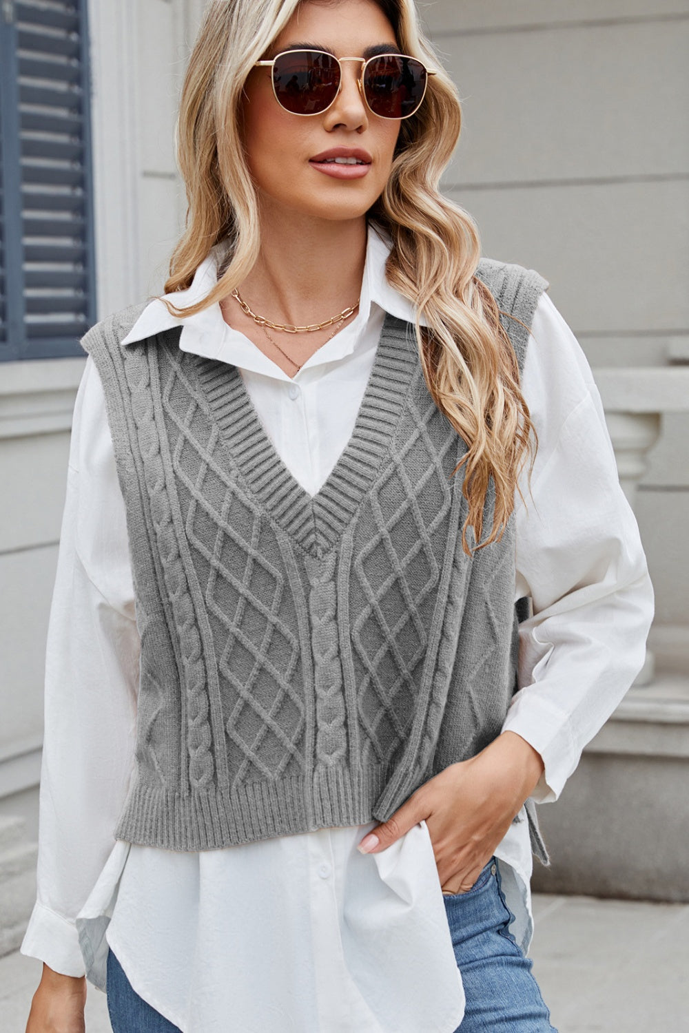 Hazel Blues® | Cable-Knit V-Neck Sweater Vest