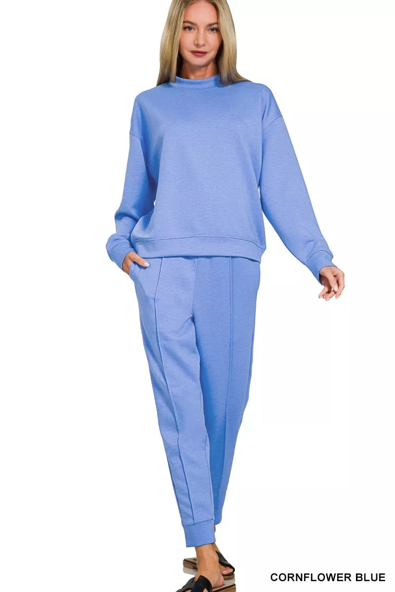 Hazel Blues® | Zenana Scuba Mock Neck Sweatshirt and Joggers Set