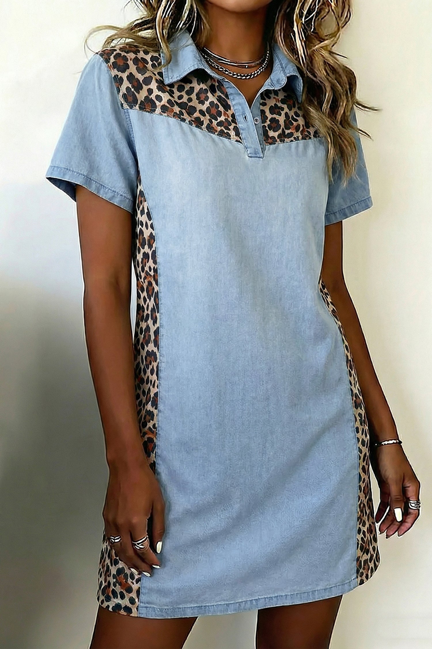 Denim Color-Block Leopard Patchwork Shirt Collar T-Shirt