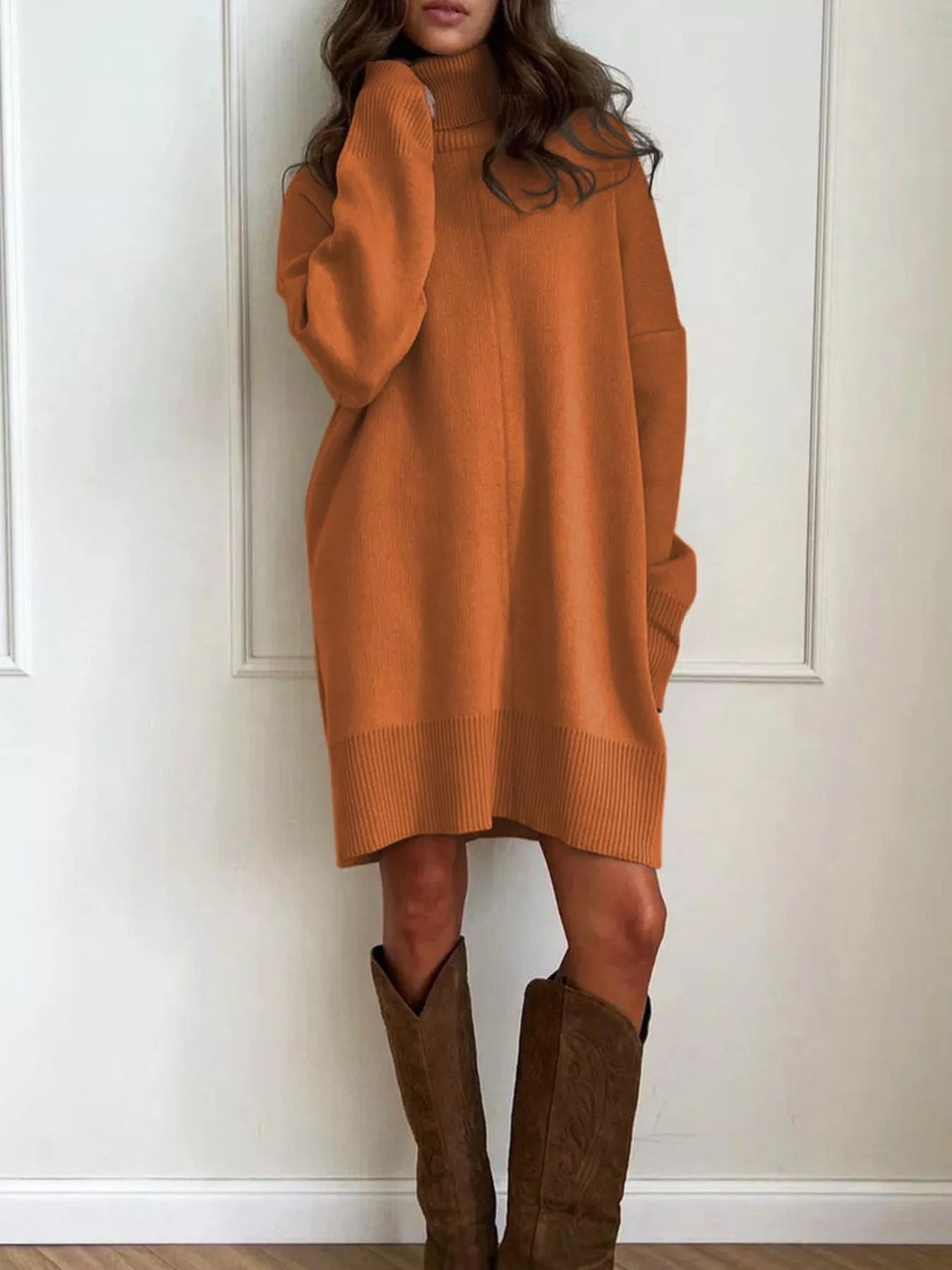 Solid Color Turtleneck Drop Shoulder Loose Sweater Dress Caramel / M