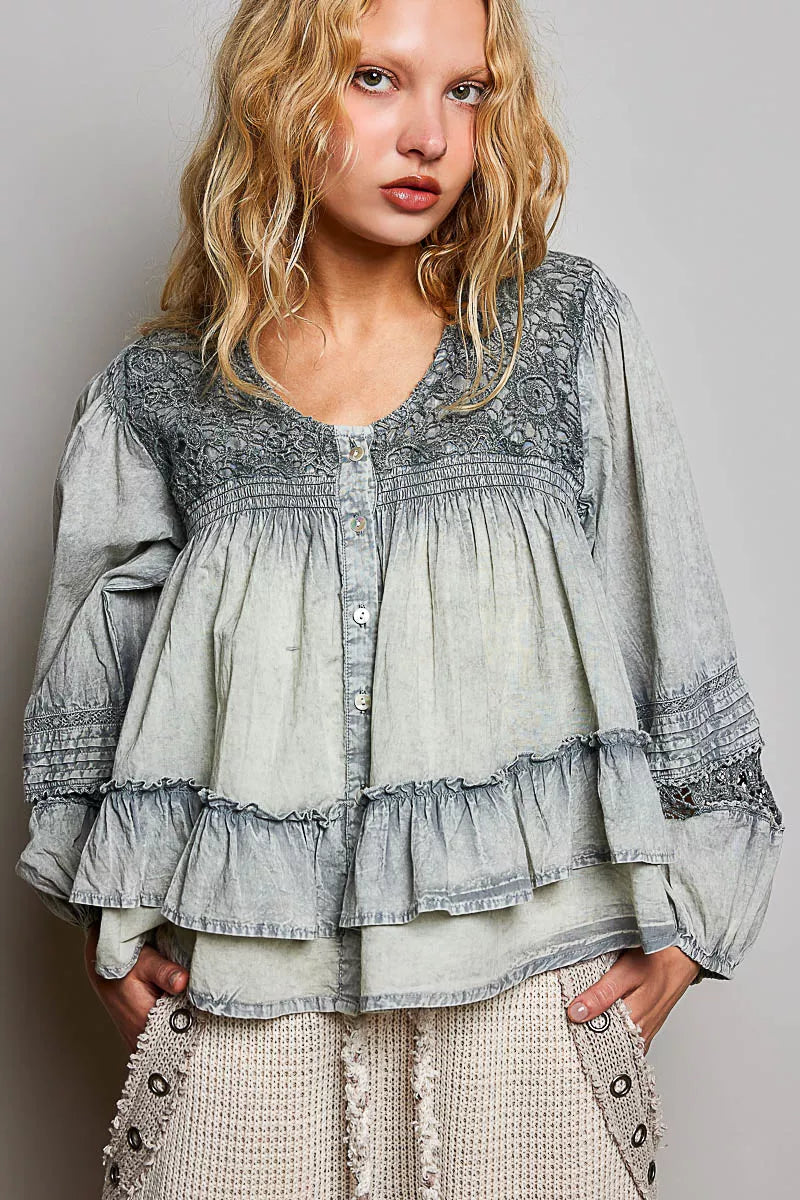 POL Washed Layered Lace Pintuck Flared Woven Blouse – Hazel Blues®