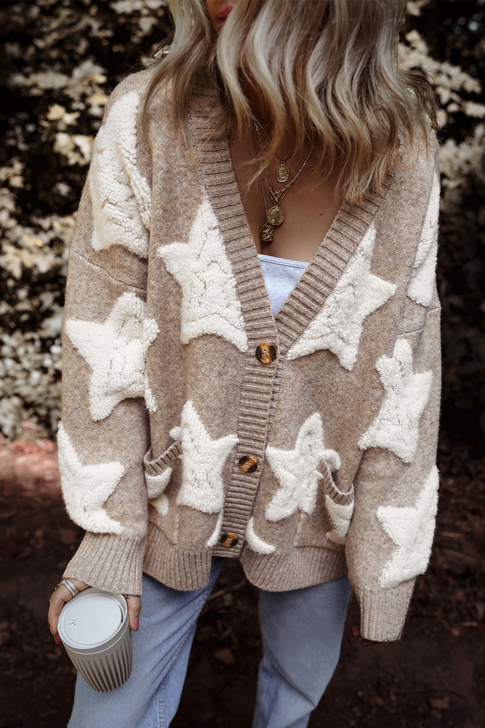 トップス 70s cottonknit star cardigan vintage Hazel Blues® | Star Button Up Long Sleeve Cardigan