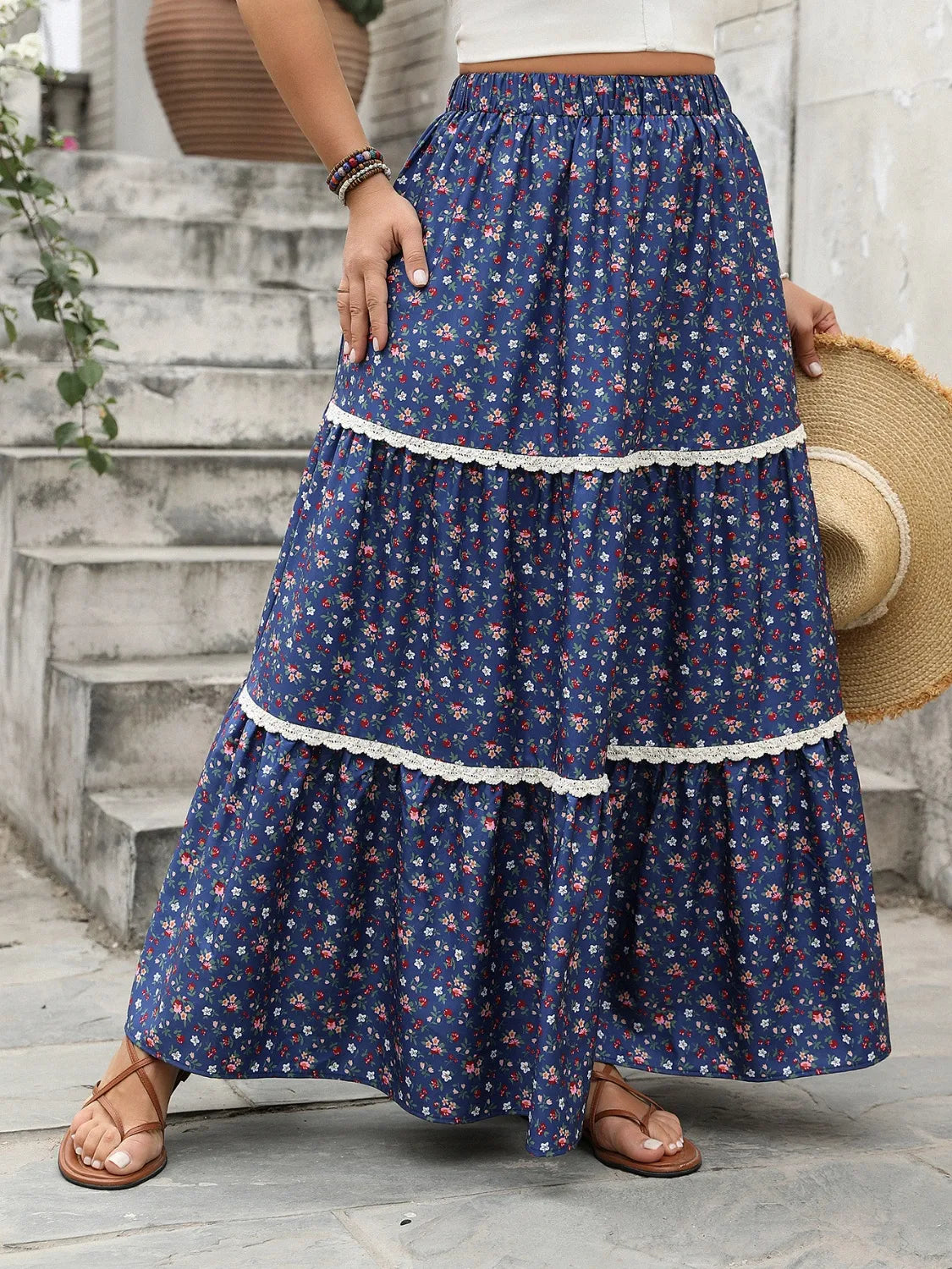 『4年保証』 Plus Blues® Hazel – Skirt Maxi Waist Elastic Floral Size スカート