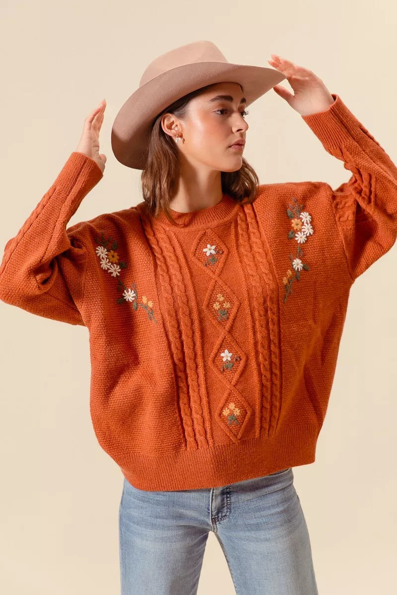 Hazel Blues® | SO ME Embroidered Flower Cable Knitted Sweater