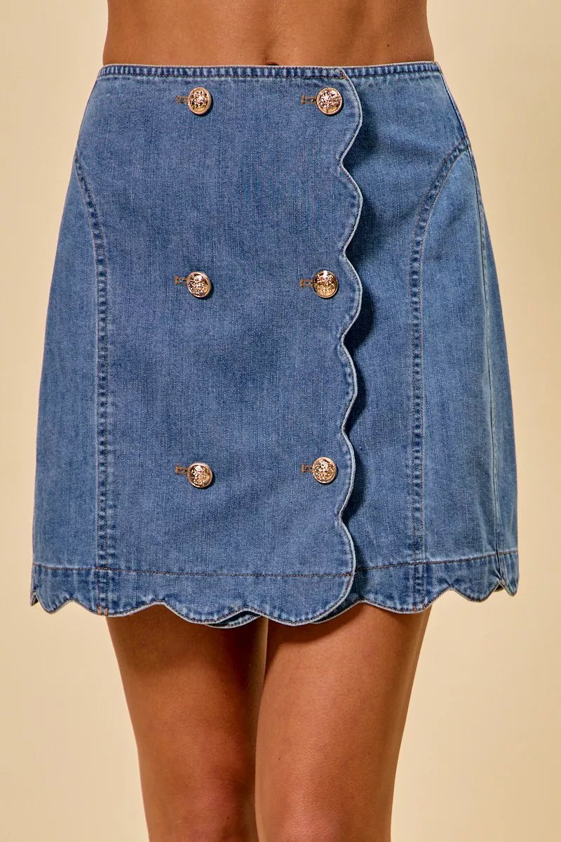 SECTION DROP FLERE DENIM 48 OURS 深水さん SO ME Denim Scalloped Buttoned Front Skirt – Hazel Blues®