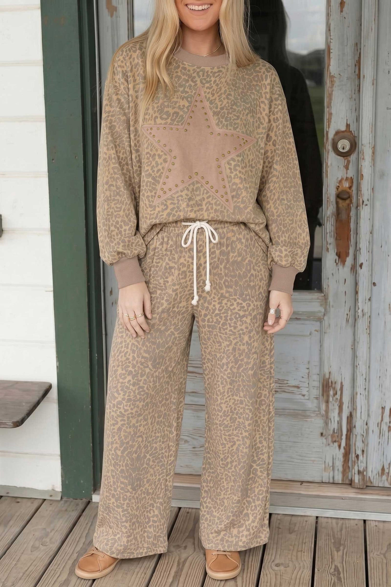 Khaki Leopard Star Print Long-Sleeve Loose Casual Two-Piece Pants