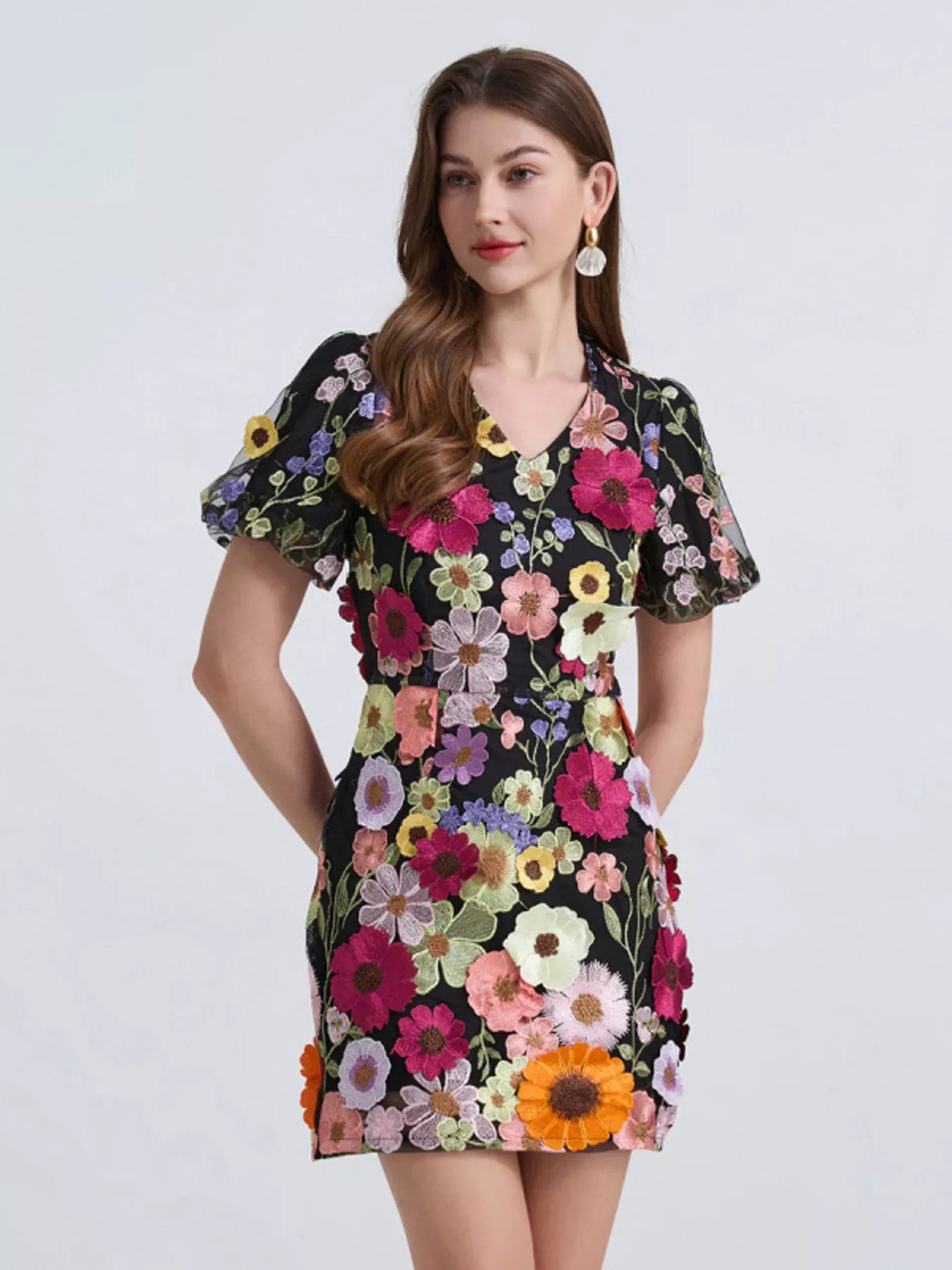 hazel blues dresses Floral Puff-Sleeve Mini Dress Size:15 32-33 Twirl into pure enchantment Chic White Lace Dress Color Name:PINK MULTI