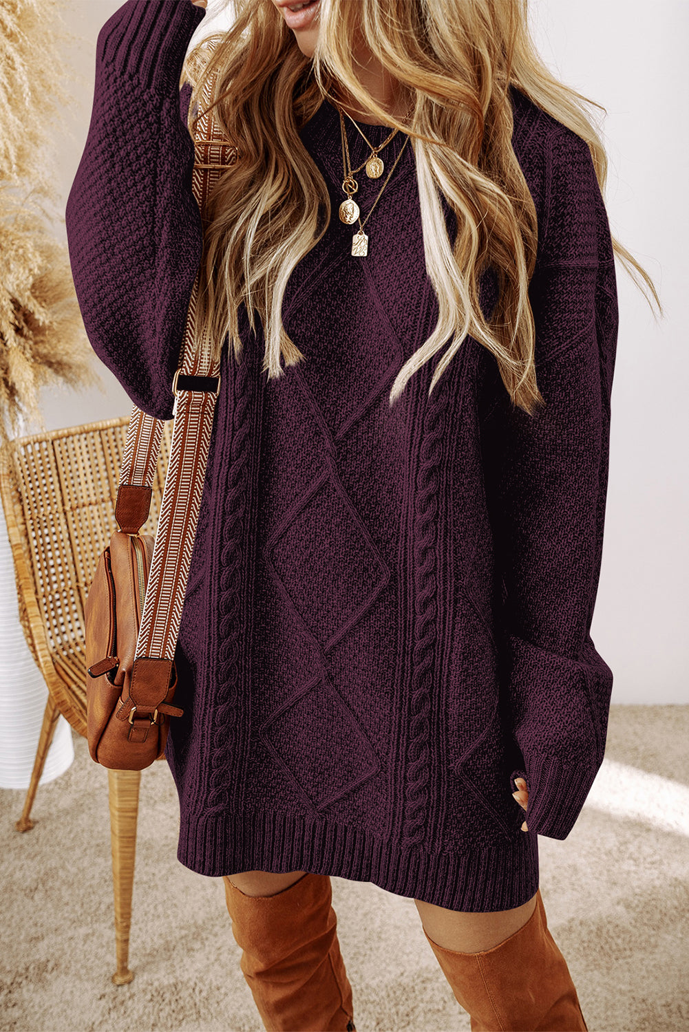 Cable Knit Drop-Shoulder Relaxed-Fit Sweater Dress