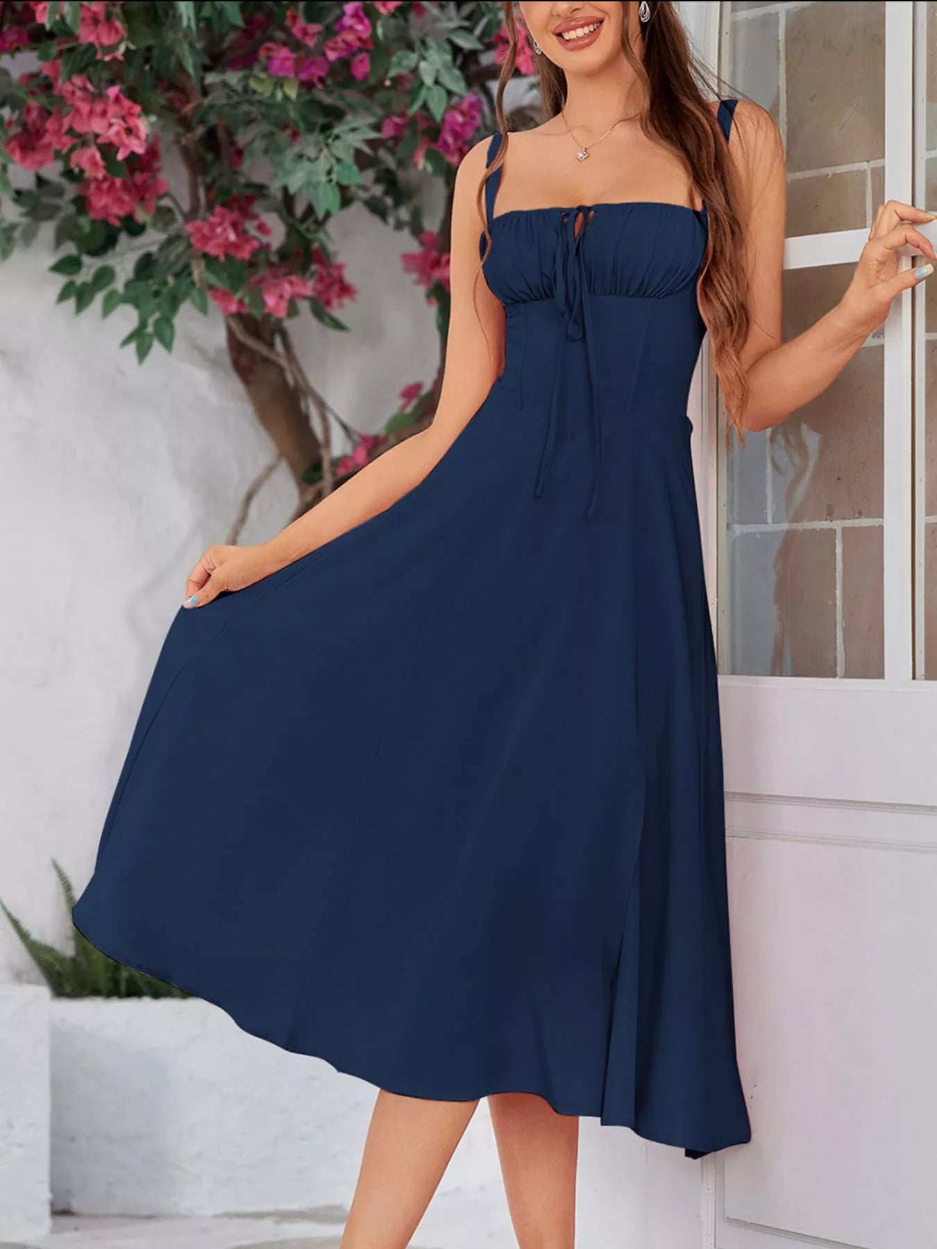 Tie-Front A-Line Midi Dress Navy Blue / 2XL