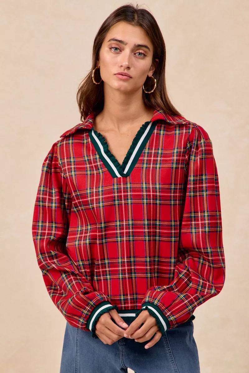 white christmas dresses Bibi Christmas Plaid Collared Top with Ruffled Detail