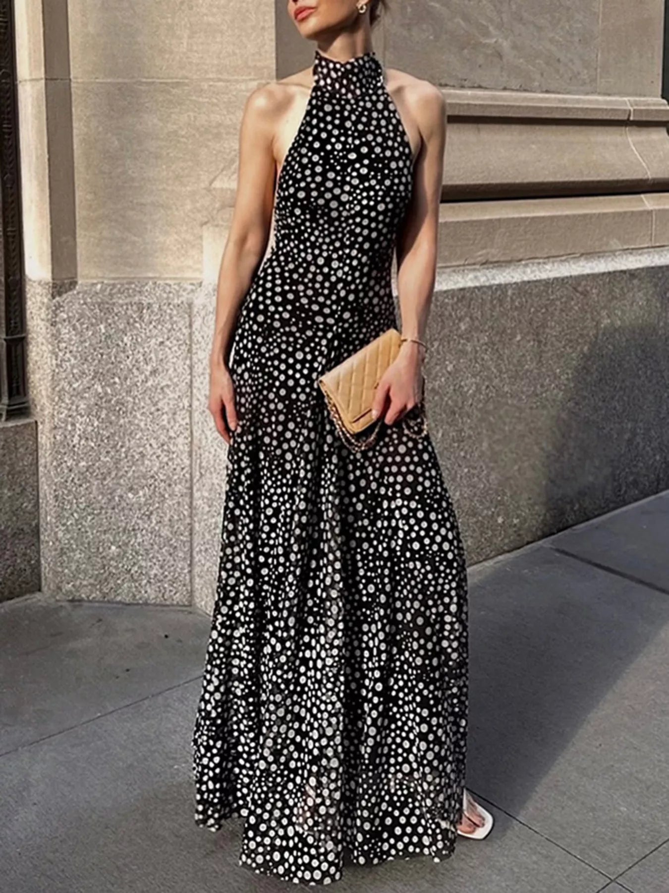 Hazel Blues | Halter Neck Polka Dot Maxi Dress