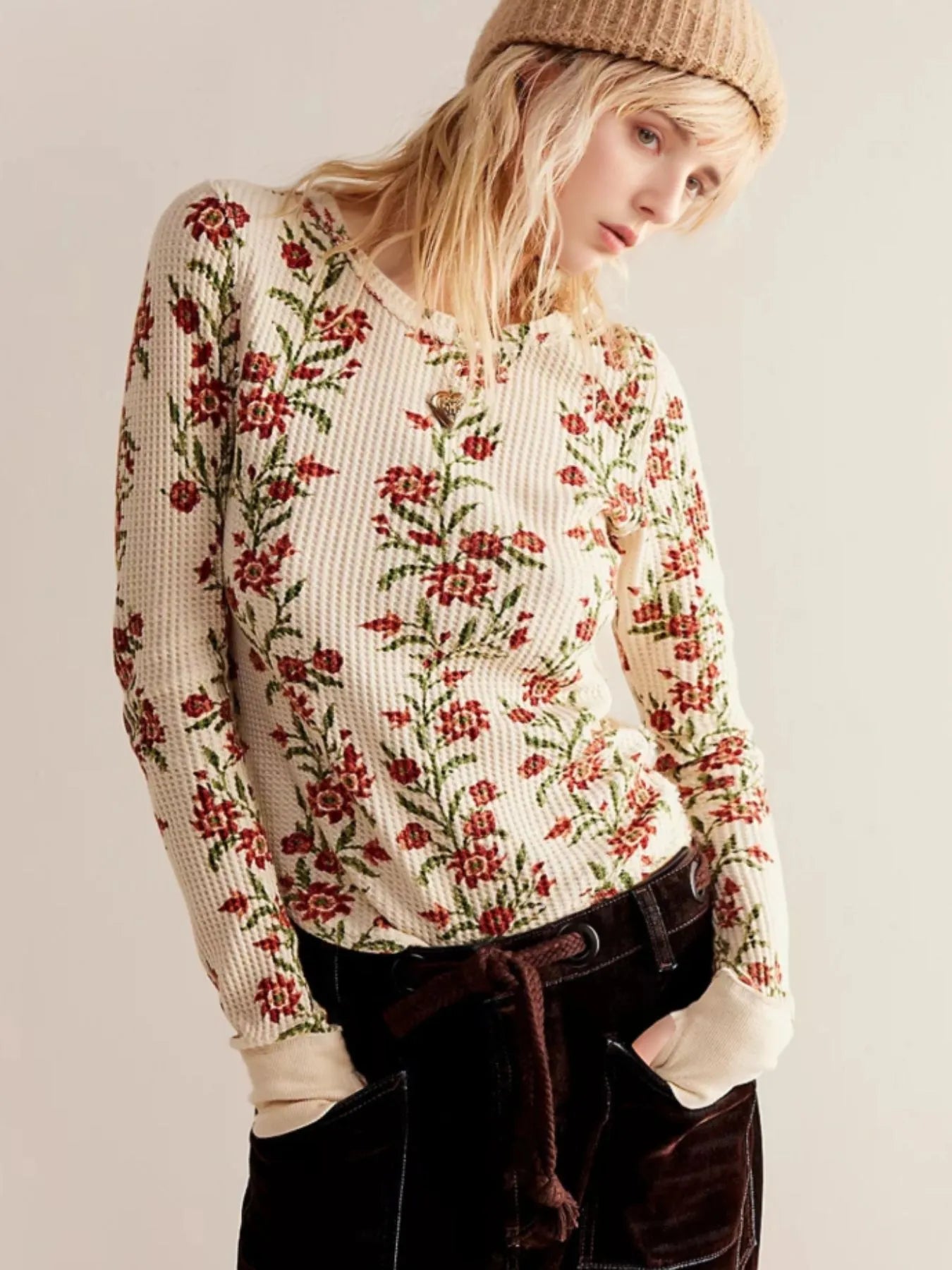 青様おまとめWAFFLE LIKE PUFF SLEEVE KNIT Floral Print Waffle Knit Top – Hazel Blues®