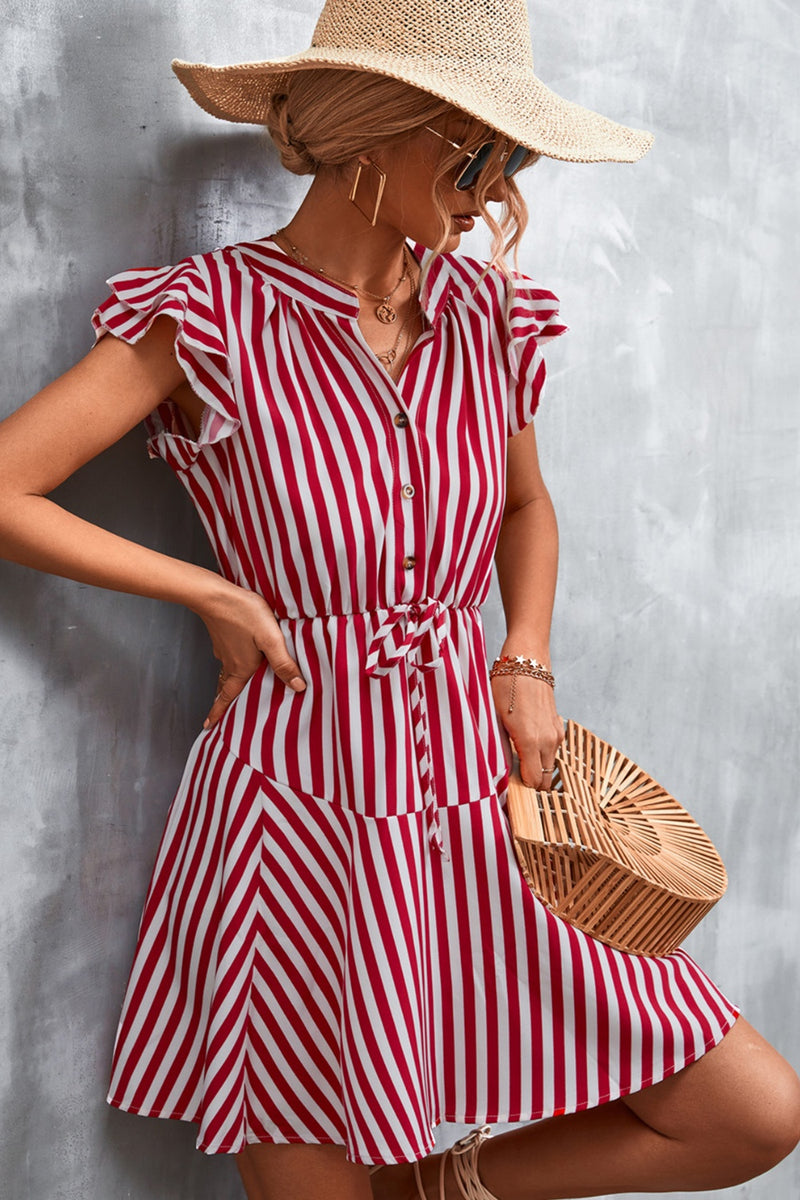 Hazel Blues® |  Ruffled Striped Cap Sleeve Mini Dress